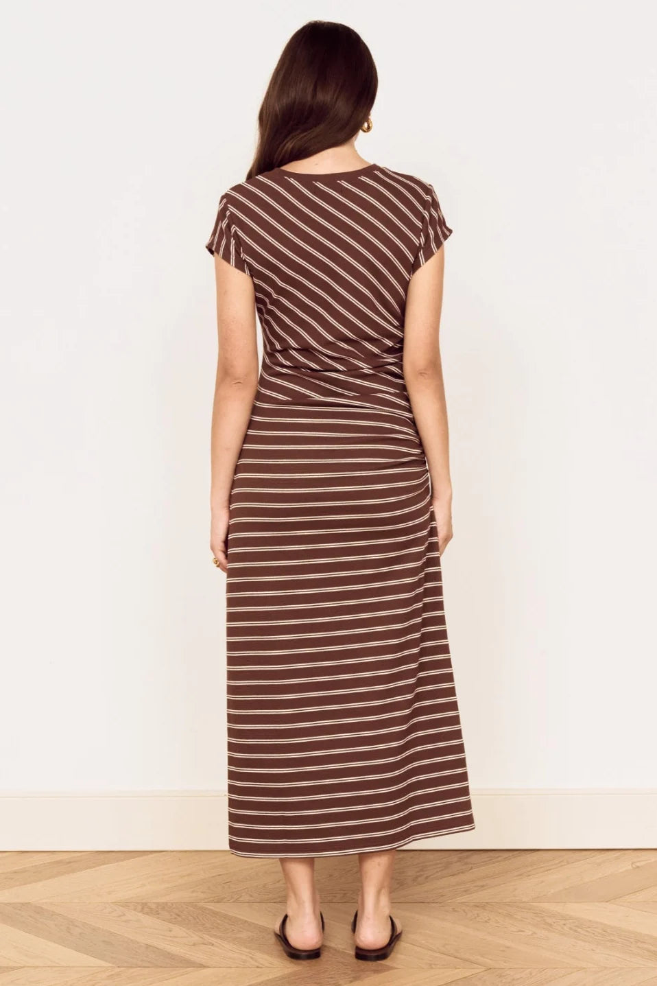MINK PINK Vesper Chocolate Stripe Short Sleeve Midi Dress