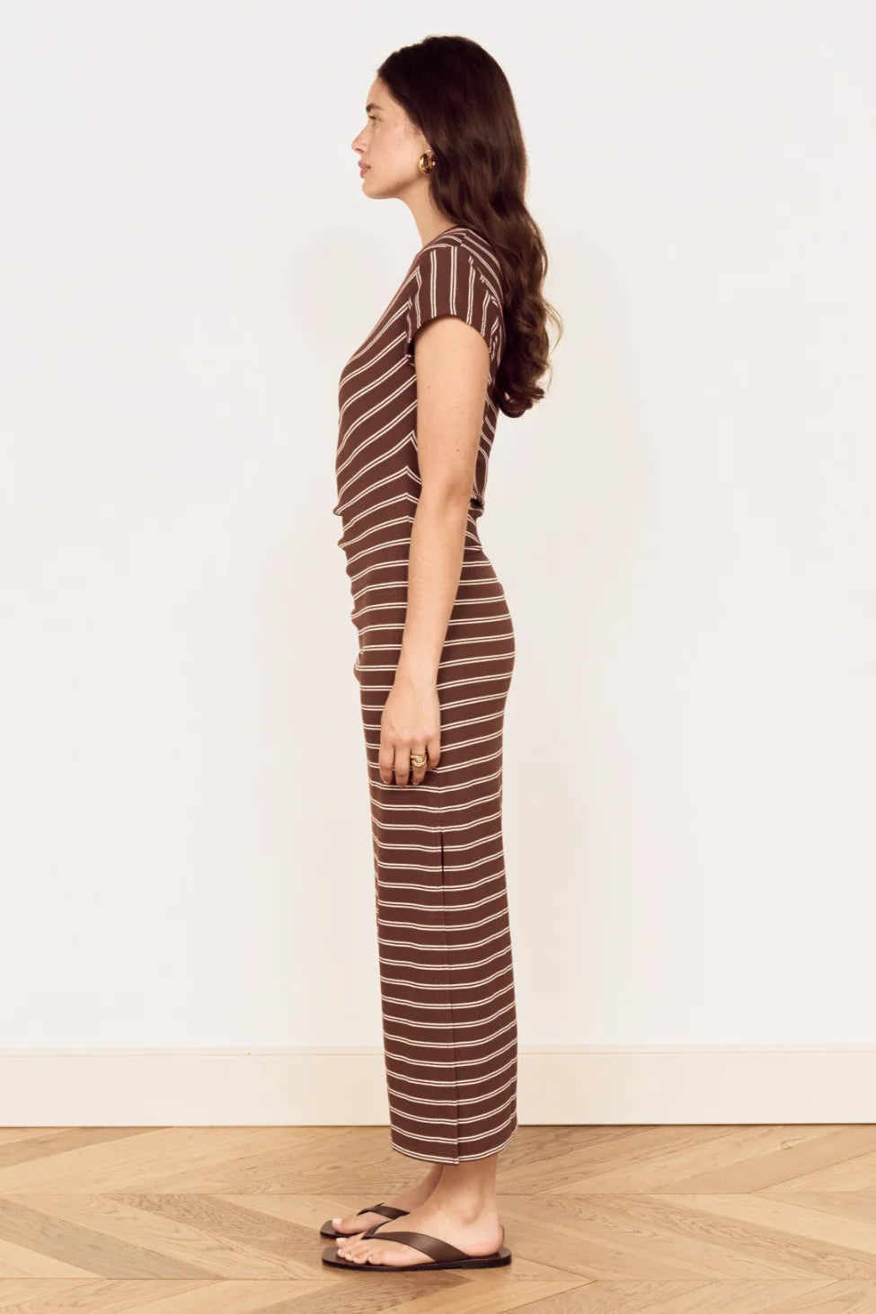 MINK PINK Vesper Chocolate Stripe Short Sleeve Midi Dress