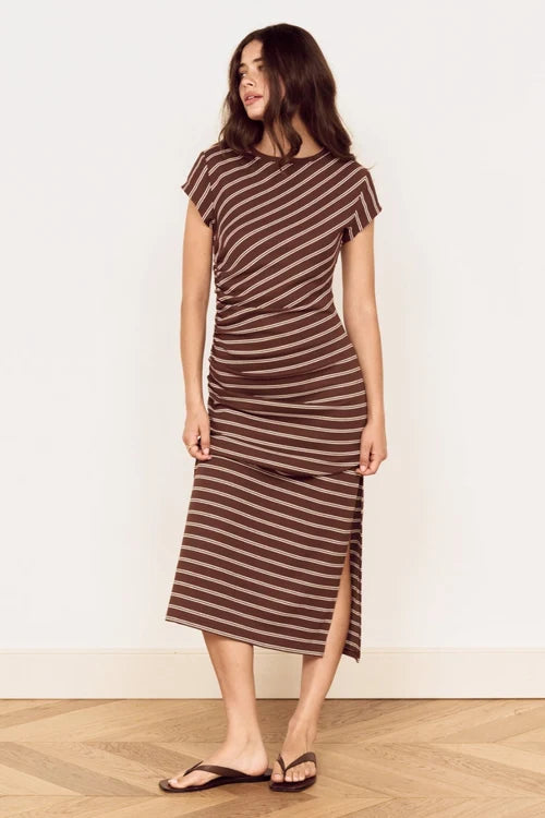 MINK PINK Vesper Chocolate Stripe Short Sleeve Midi Dress