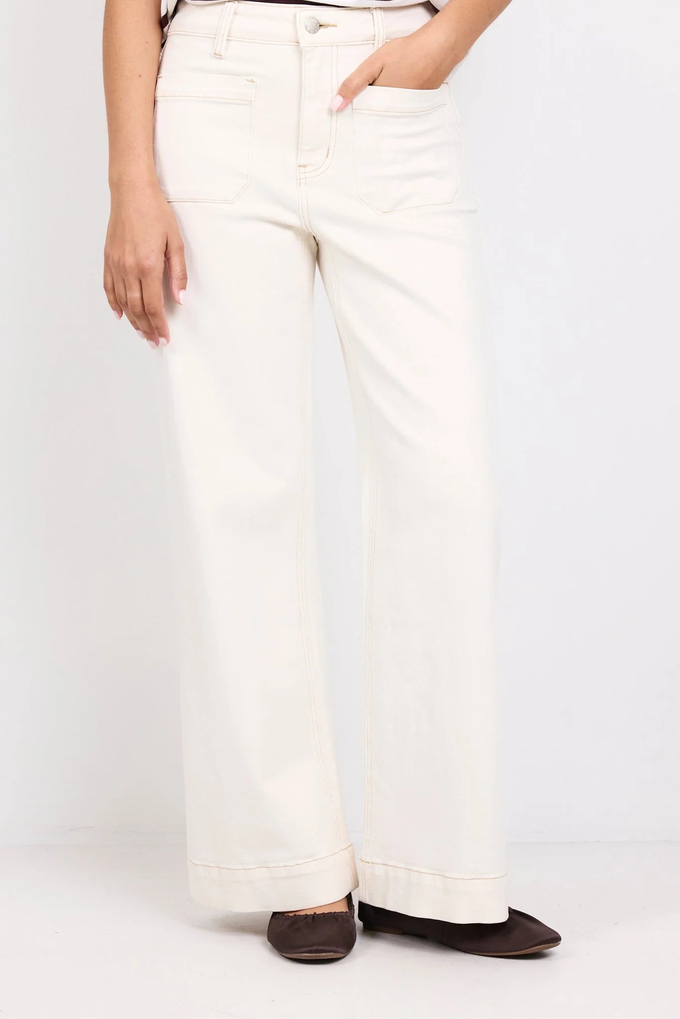 AMONG THE BRAVE Zoey Ecru PETITE High Rise Wide Leg Jean Pant