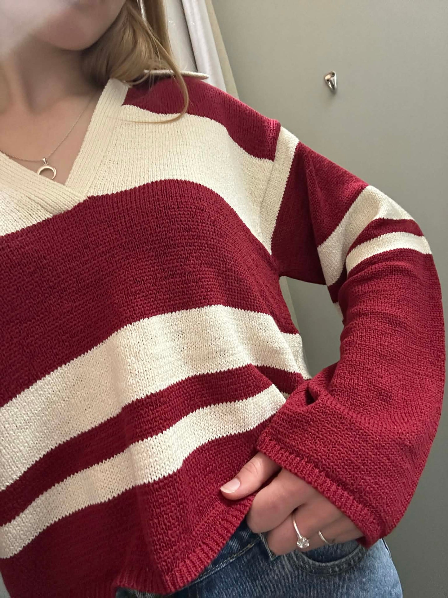 MON RENN Cosmo Knit Jumper Burgundy Cream Stripe
