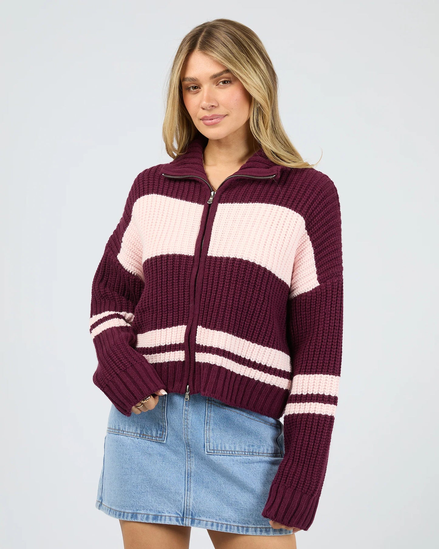 ALL ABOUT EVE Aida Knit Zip Thru Wine/Pink