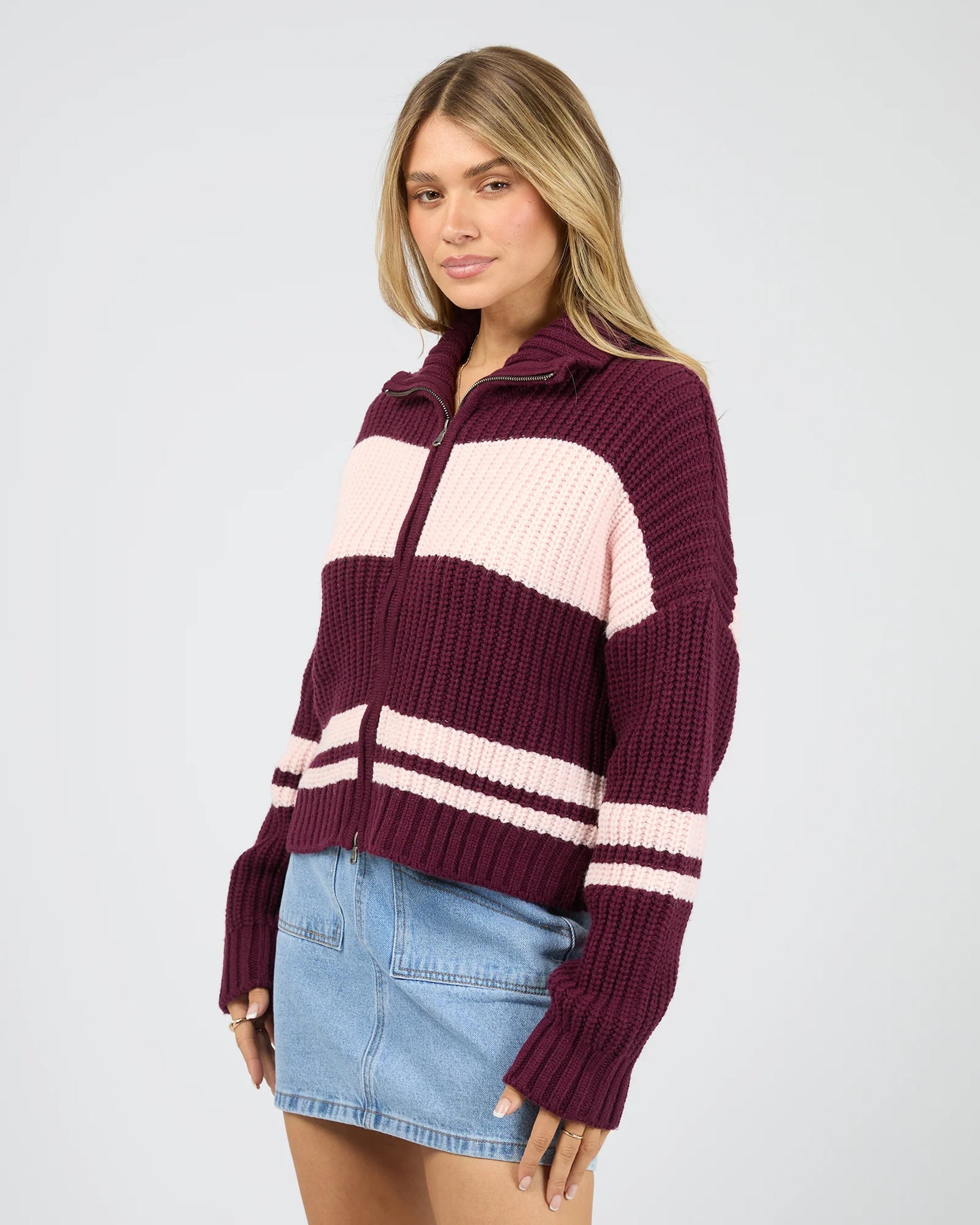 ALL ABOUT EVE Aida Knit Zip Thru Wine/Pink