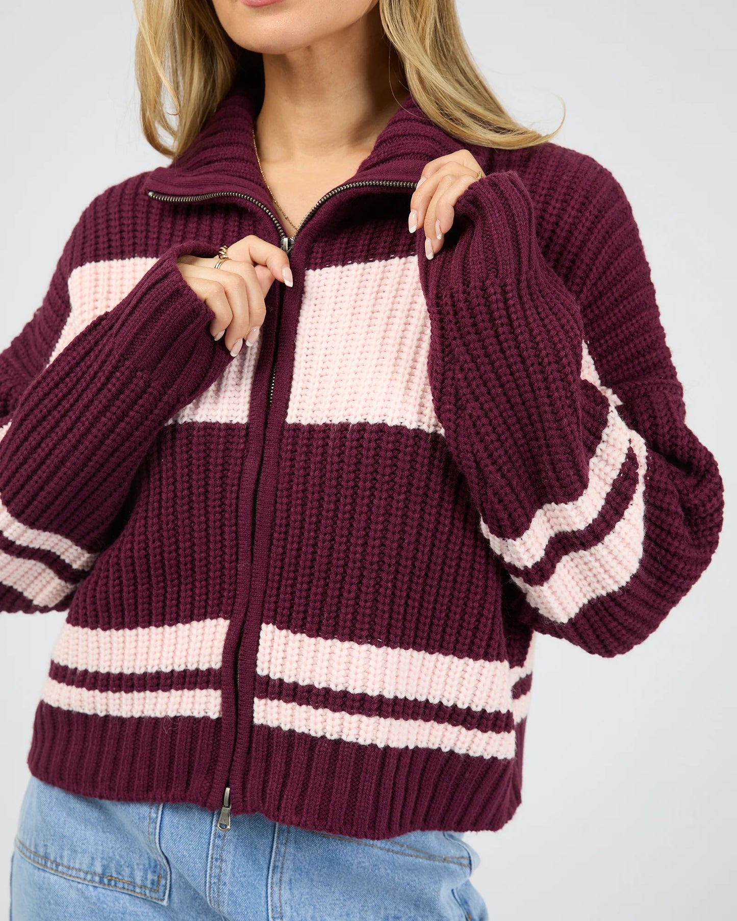 ALL ABOUT EVE Aida Knit Zip Thru Wine/Pink