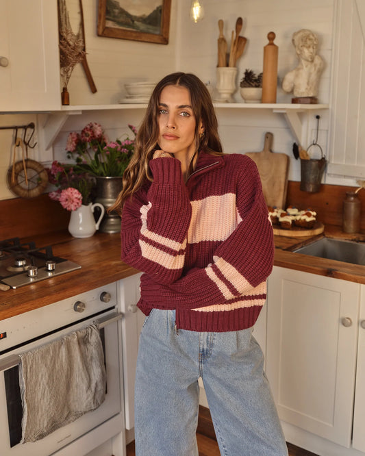 ALL ABOUT EVE Aida Knit Zip Thru Wine/Pink