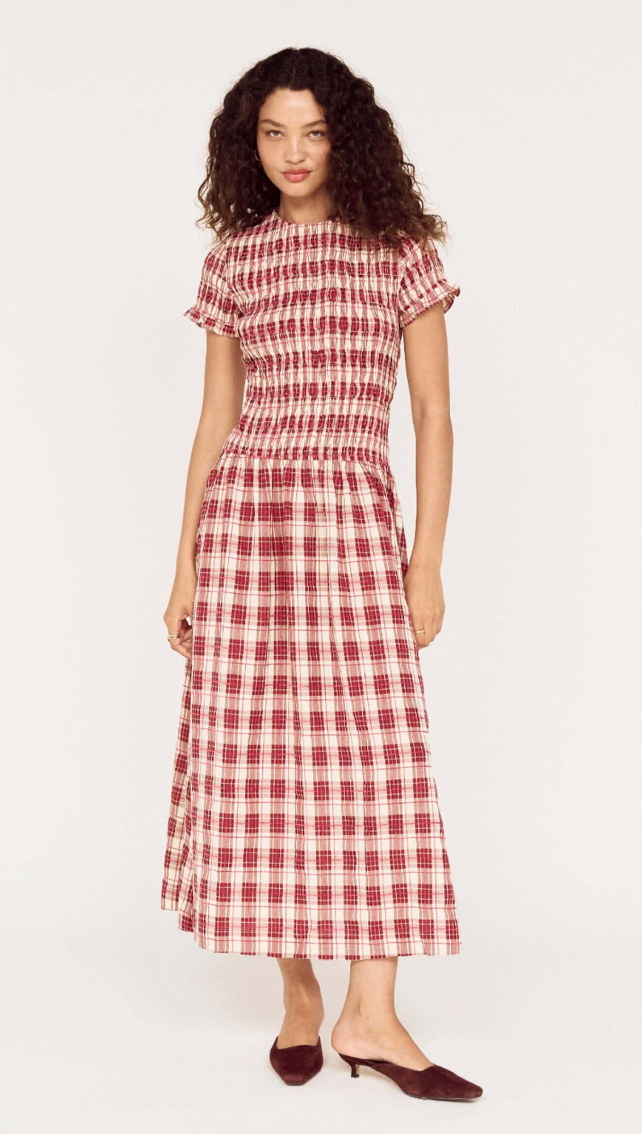 MINK PINK Anouk Shirred Midi Dress Wine Check