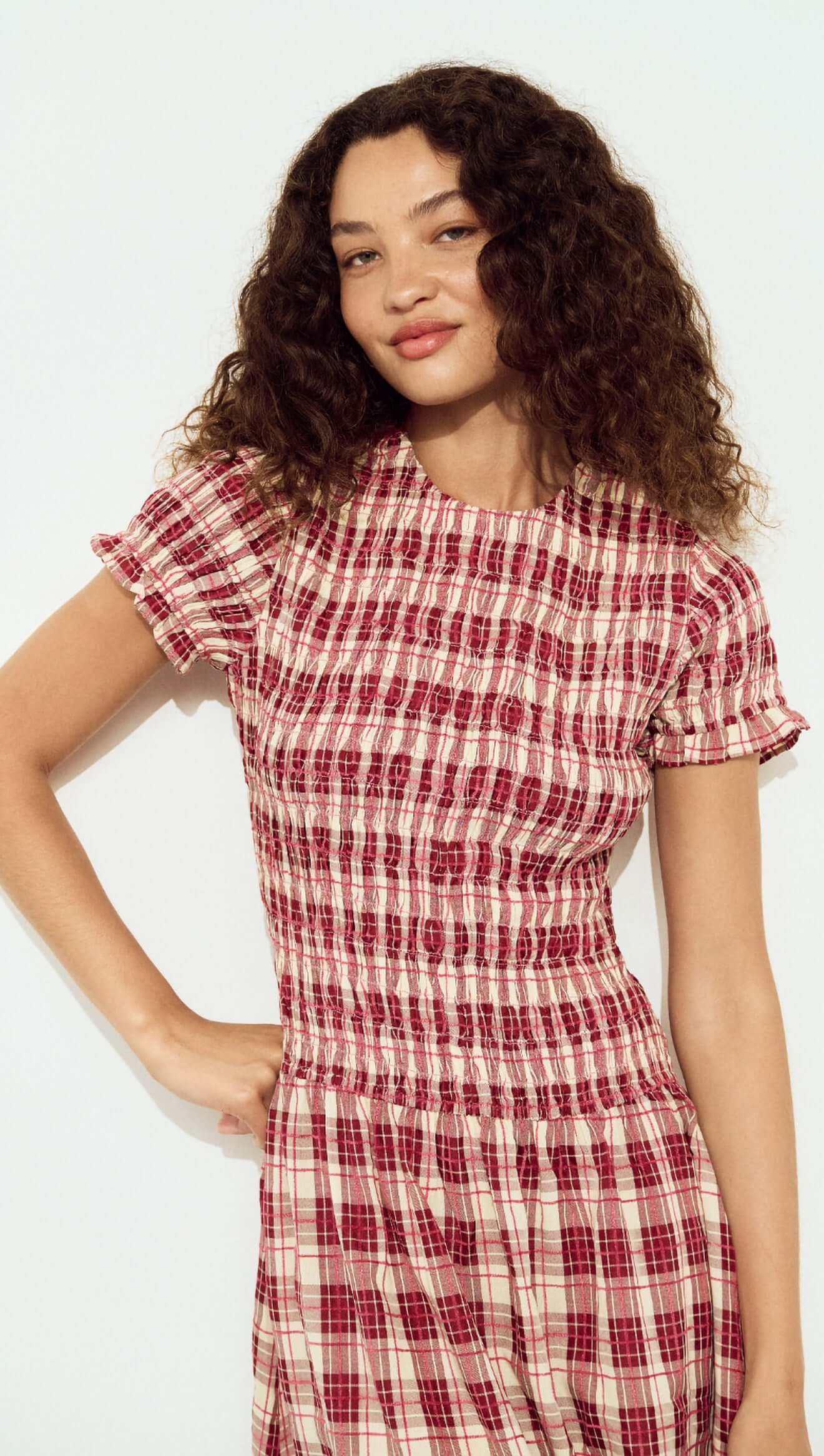 MINK PINK Anouk Shirred Midi Dress Wine Check