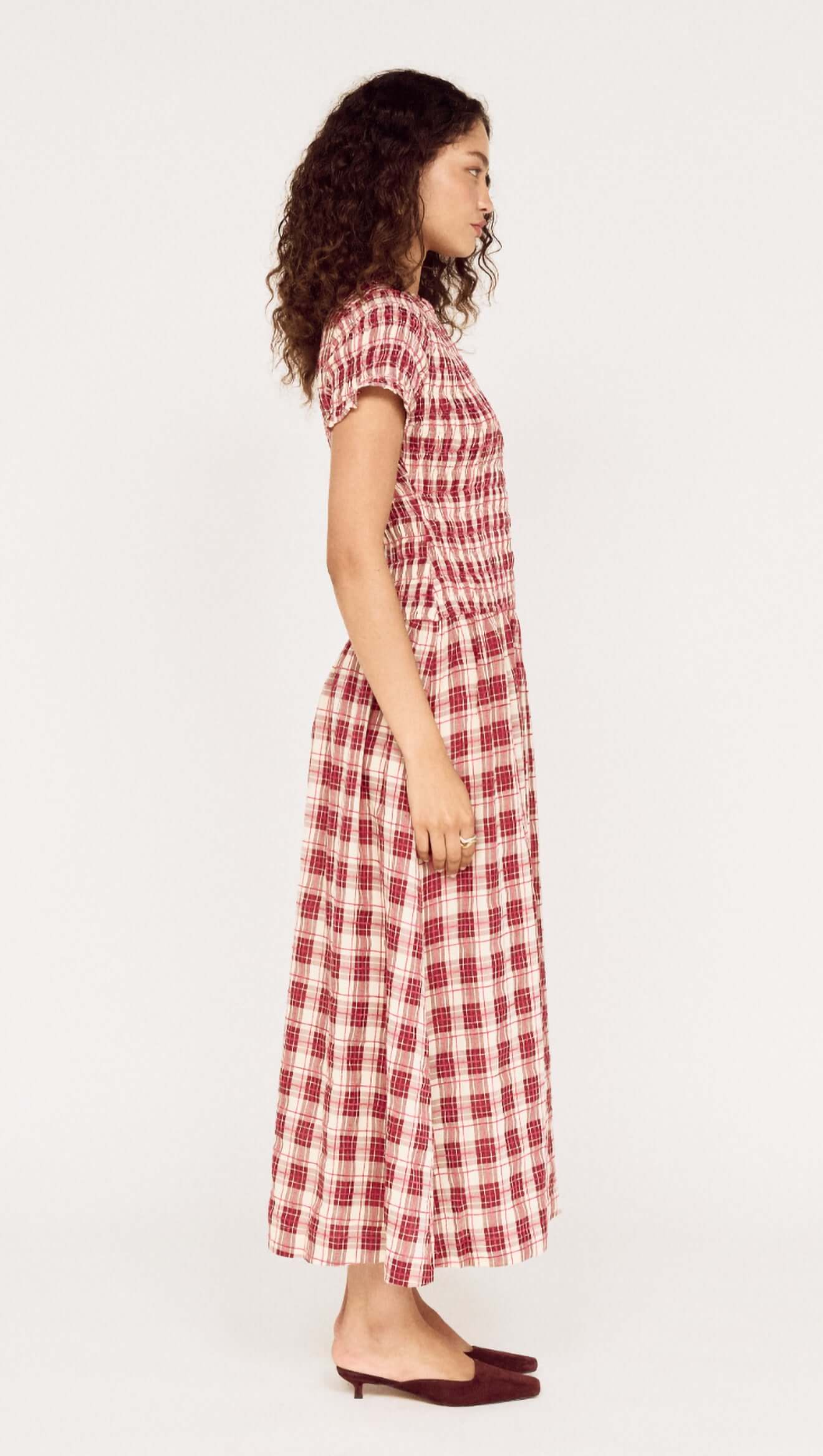 MINK PINK Anouk Shirred Midi Dress Wine Check