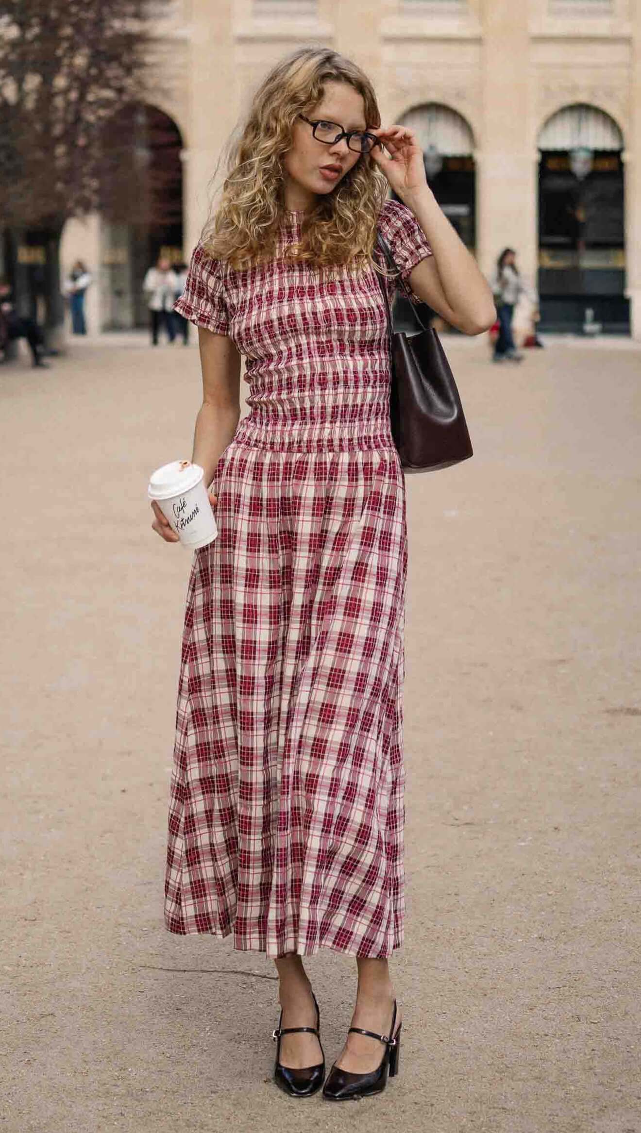 MINK PINK Anouk Shirred Midi Dress Wine Check