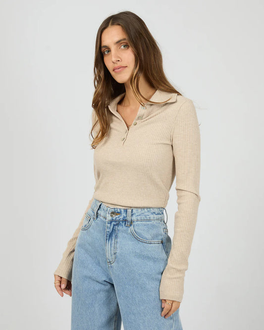 SILENT THEORY Aria Knit Long Sleeve Top Oat