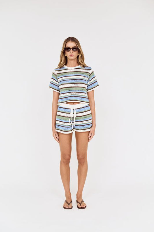 MINK PINK Bellise Crochet Cropped Tee multi stripe