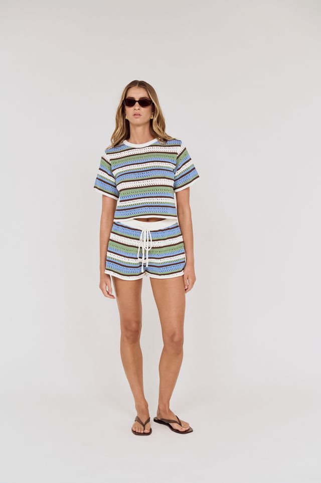 MINK PINK Bellise Crochet Cropped Tee multi stripe
