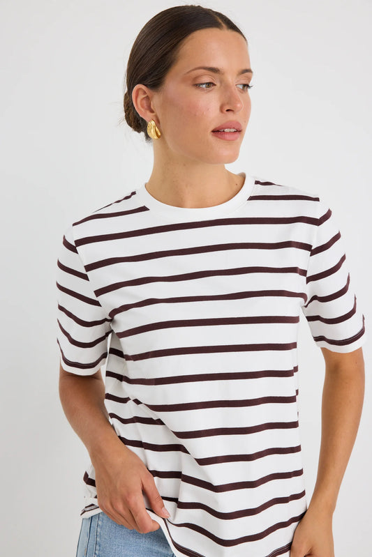 REUNION LABEL Binding Chocolate White Stripe Tee