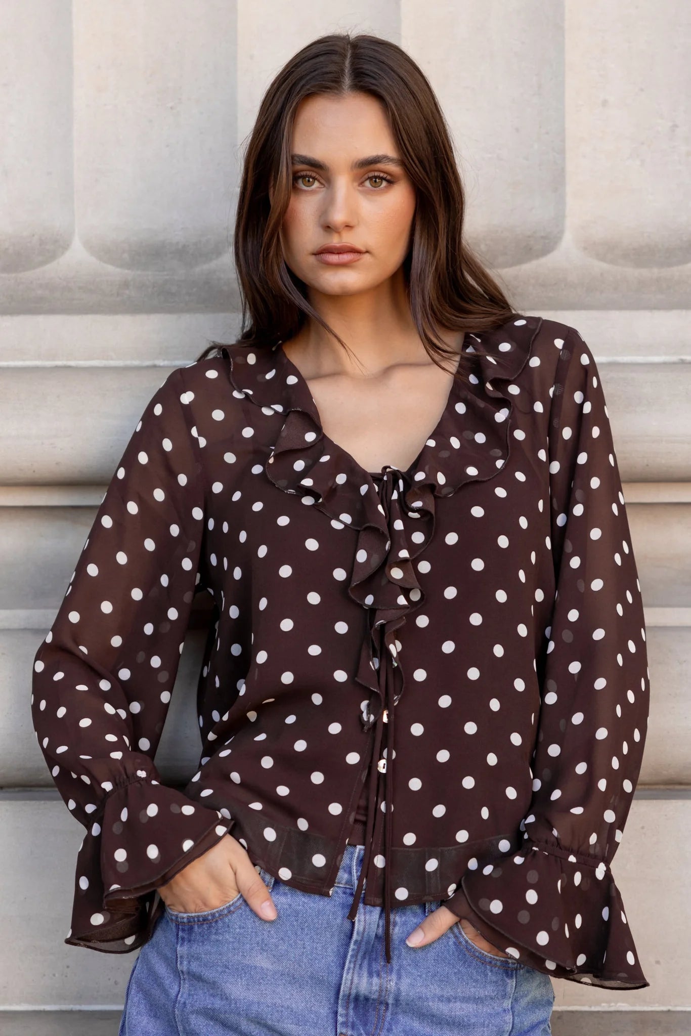 AMONG THE BRAVE Bohemian Chocolate Polka Dot Blouse
