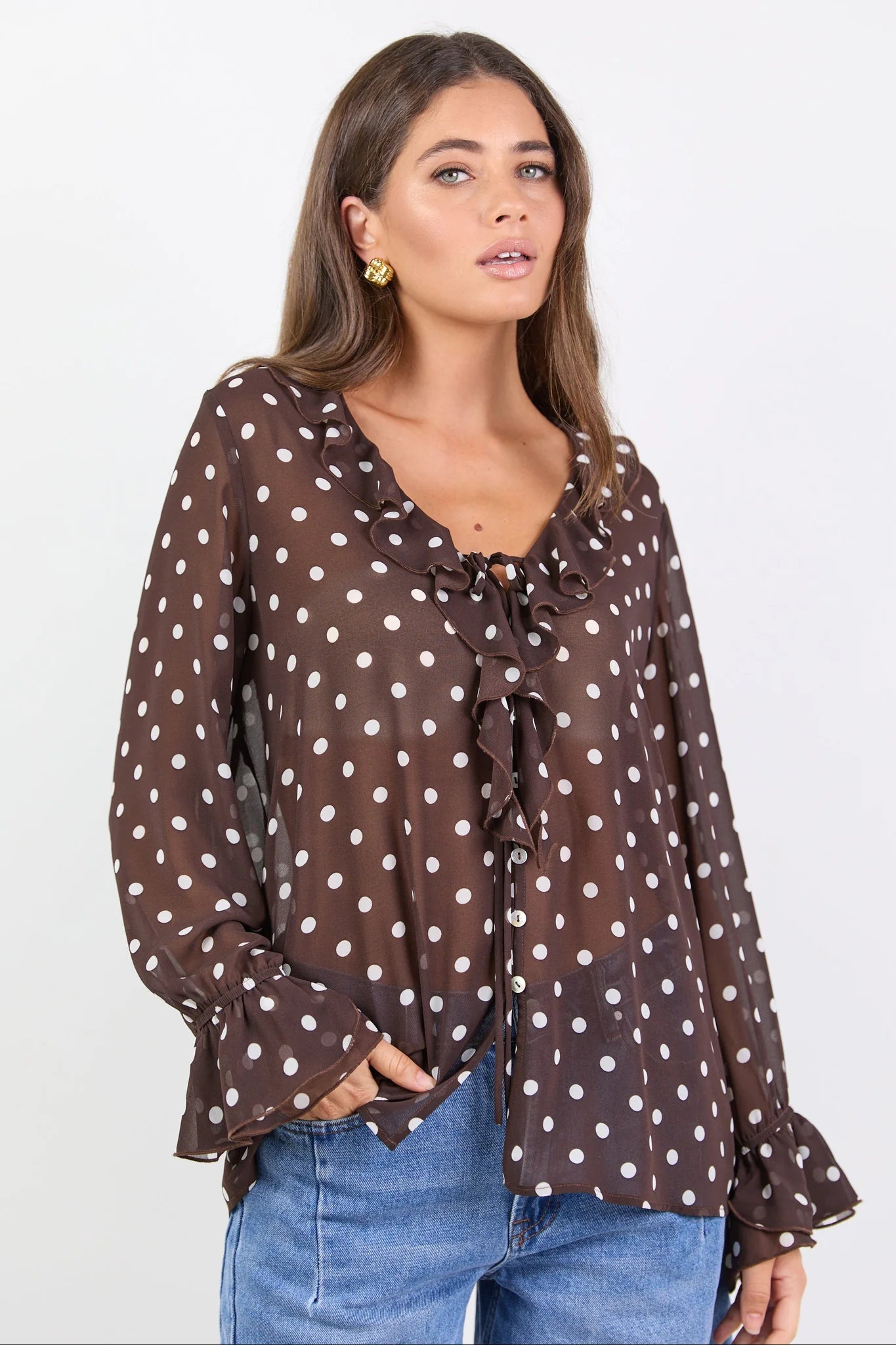AMONG THE BRAVE Bohemian Chocolate Polka Dot Blouse