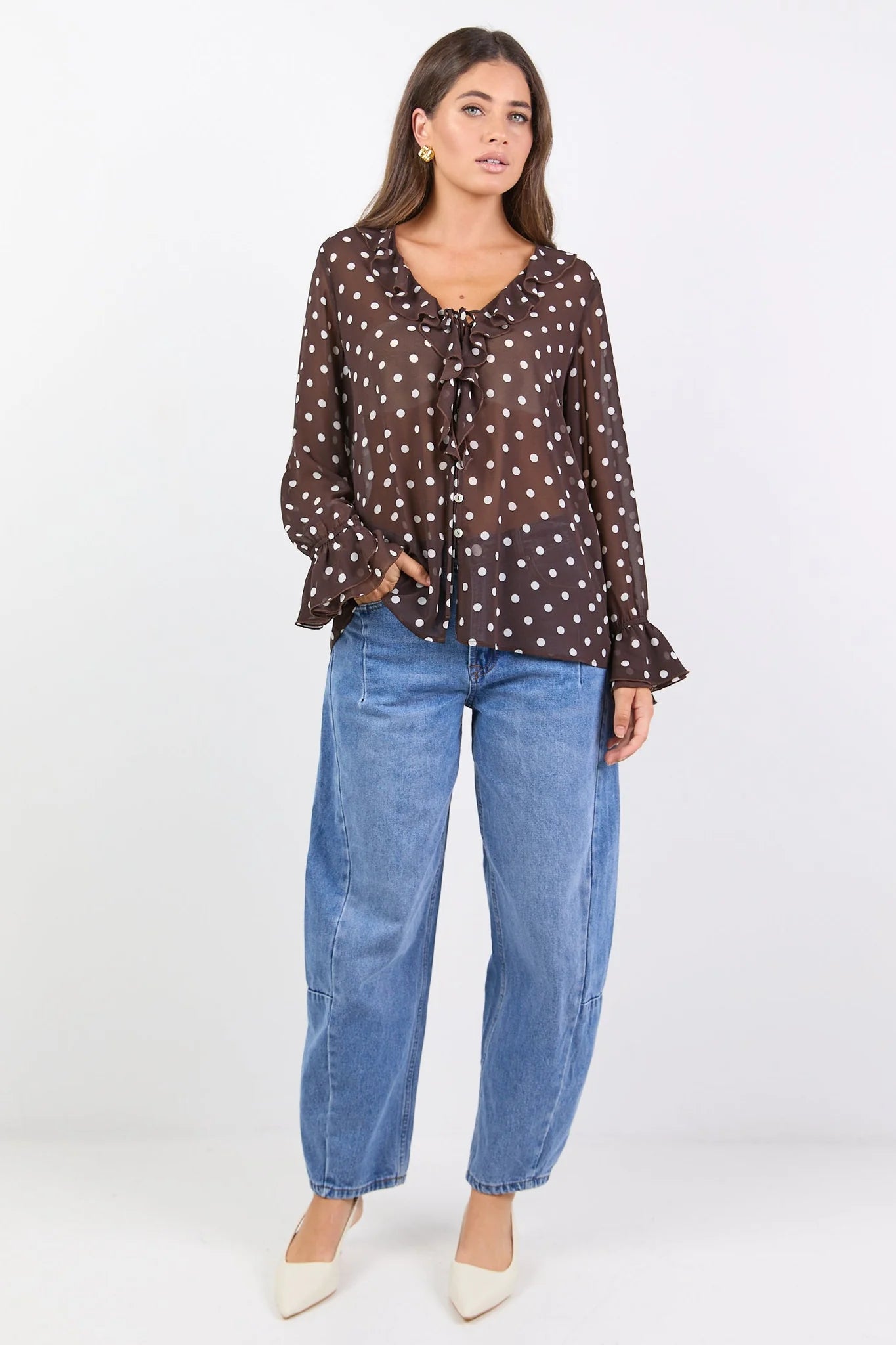 AMONG THE BRAVE Bohemian Chocolate Polka Dot Blouse