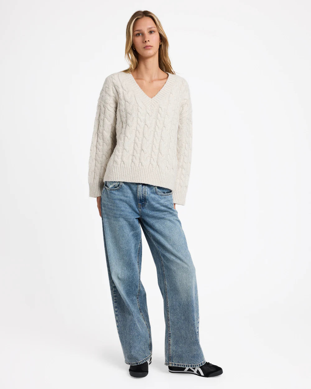 RVCA Cable V Neck Knit Jumper Star White
