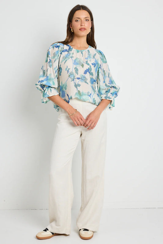 IVY + JACK Candid Blue Cream Floral Frill Sleeve Top