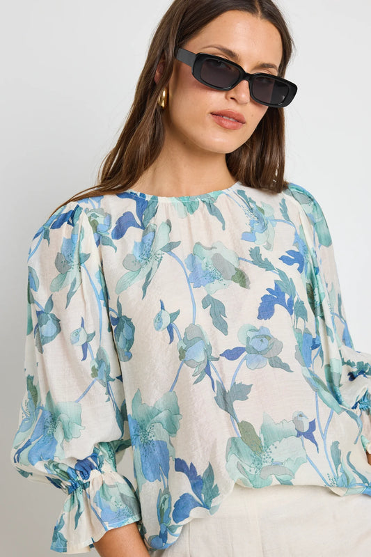 IVY + JACK Candid Blue Cream Floral Frill Sleeve Top