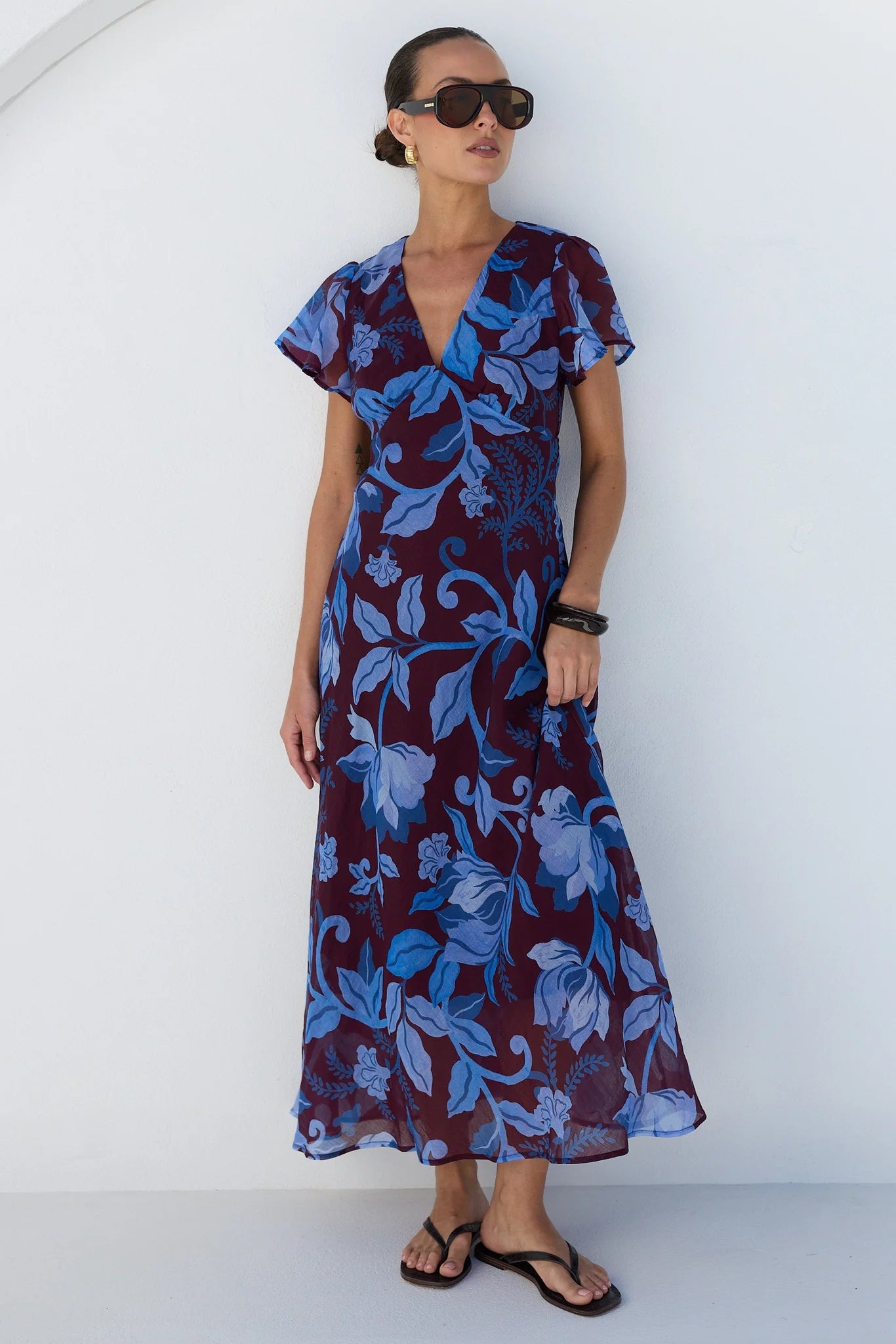 AMONG THE BRAVE Chariot Maxi Dress Burgundy Blue Floral Dress