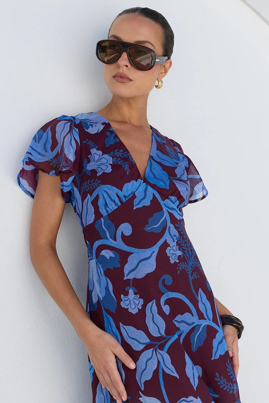 AMONG THE BRAVE Chariot Maxi Dress Burgundy Blue Floral Dress