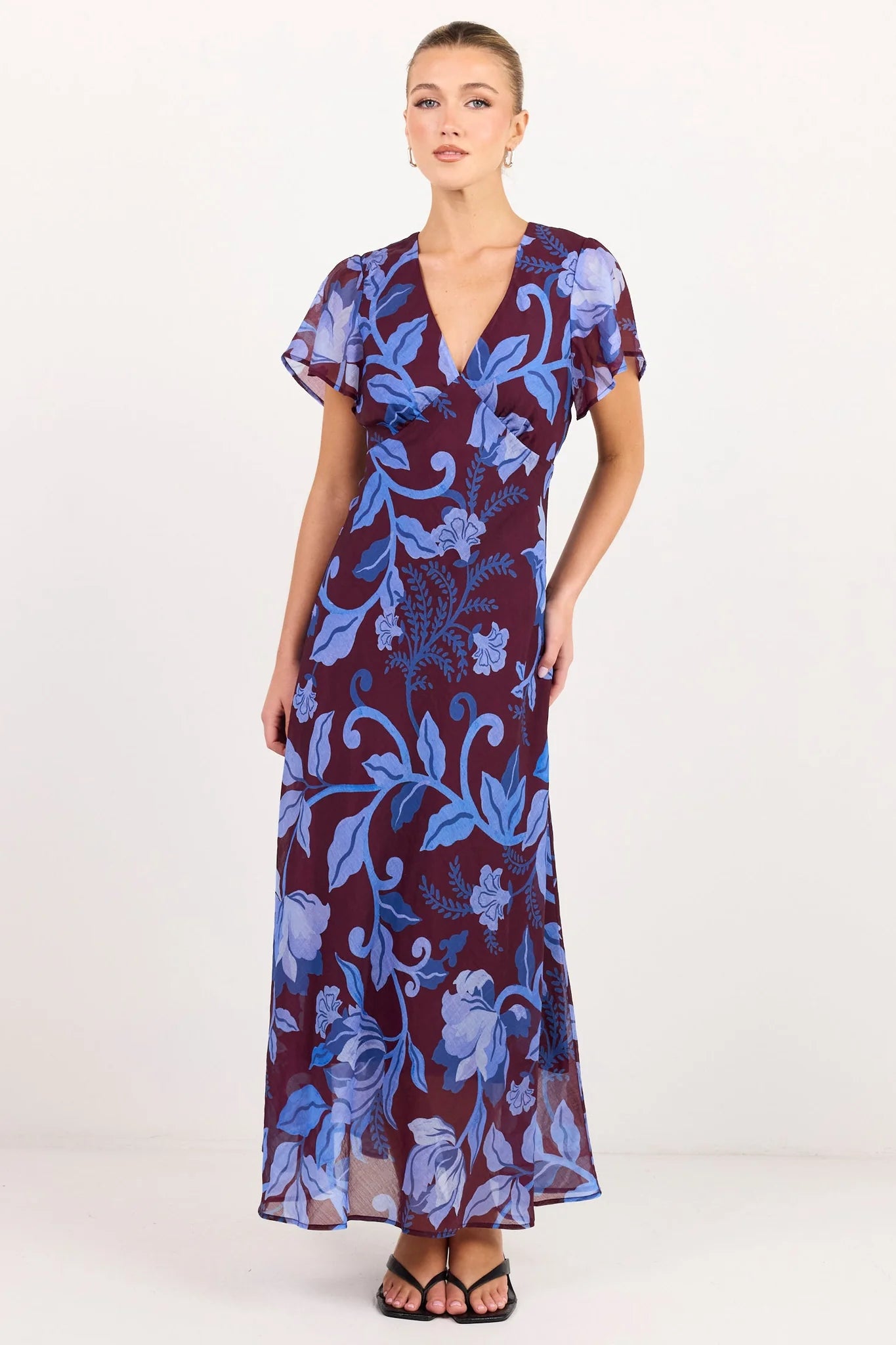 AMONG THE BRAVE Chariot Maxi Dress Burgundy Blue Floral Dress