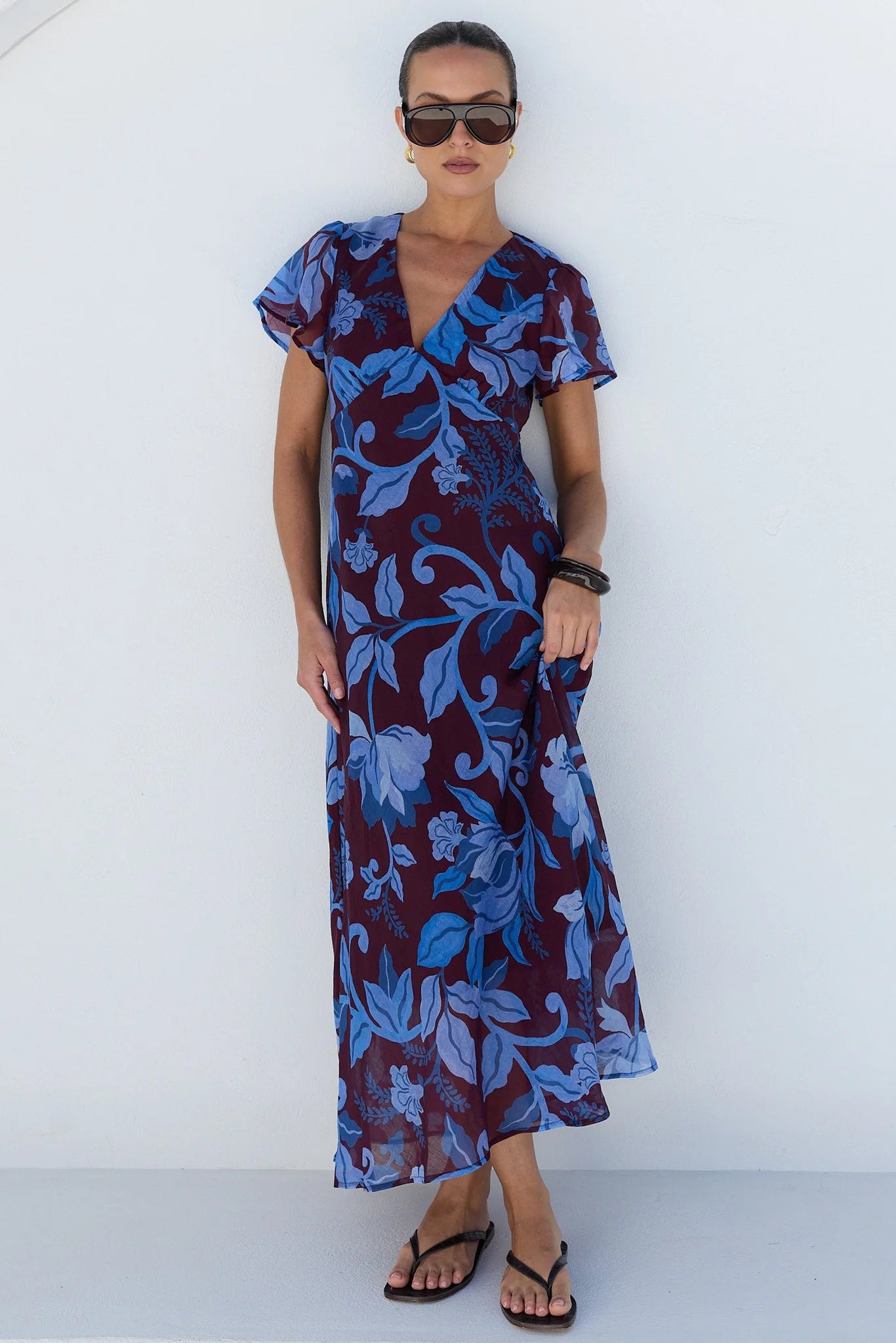 AMONG THE BRAVE Chariot Maxi Dress Burgundy Blue Floral Dress