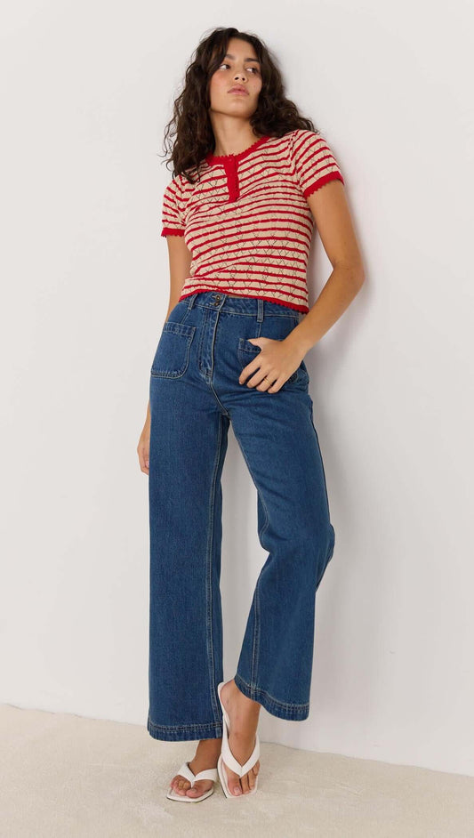 MINK PINK Chloe Stripe Knit Tee Red/Beige