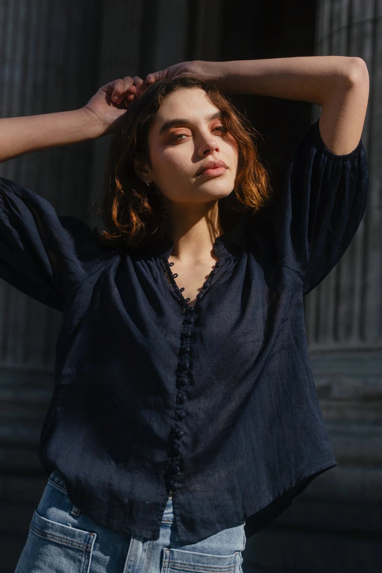 IVY + JACK Continuance Navy Ramie Button Top