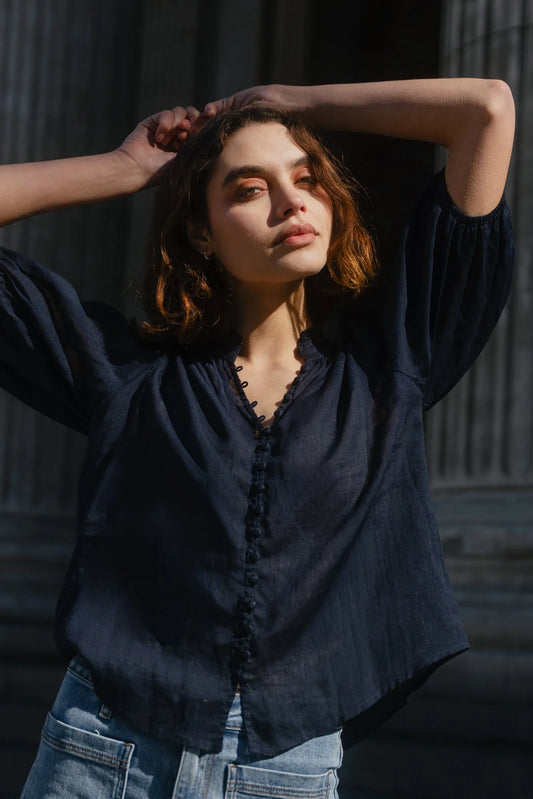 IVY + JACK Continuance Navy Ramie Button Top