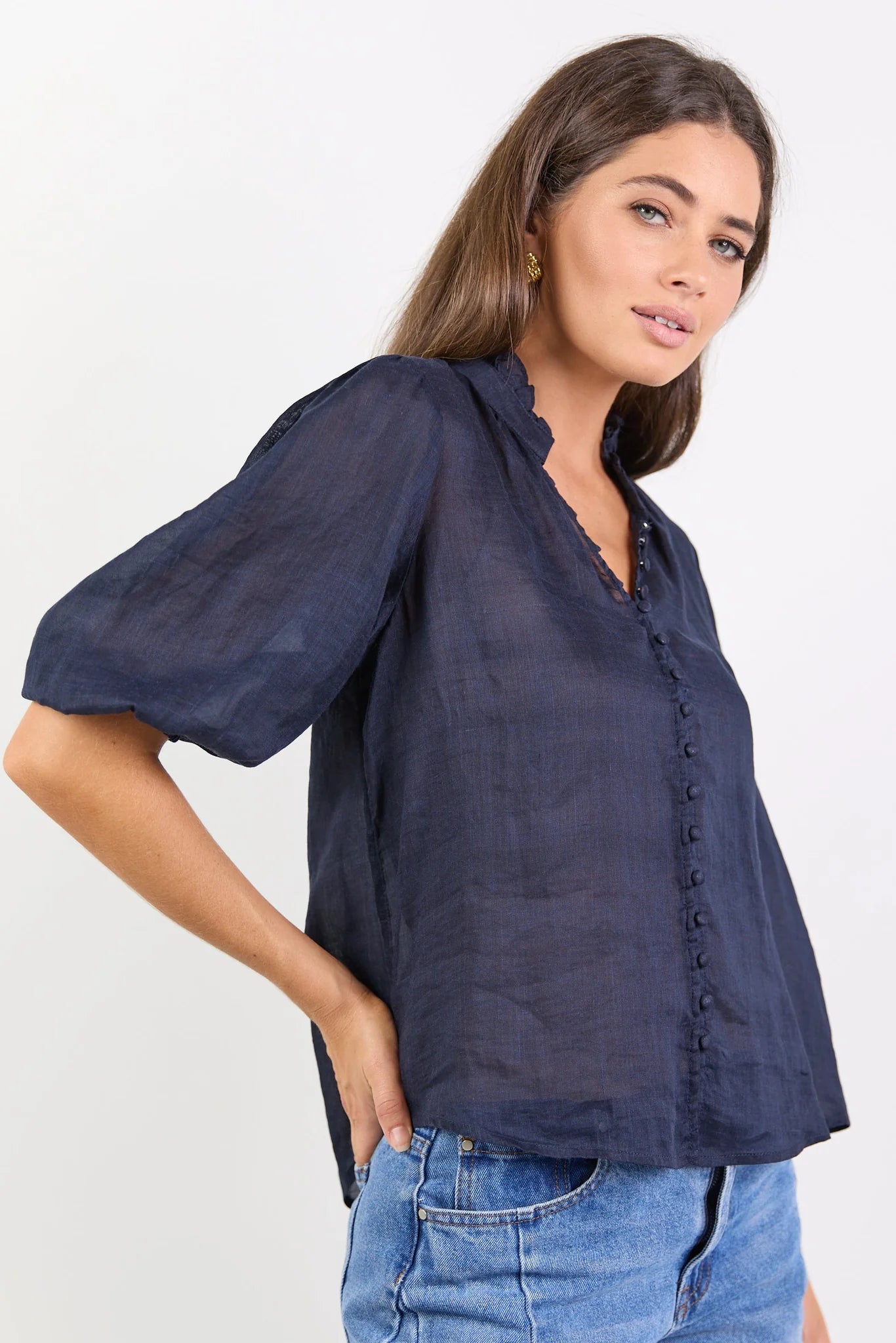 IVY + JACK Continuance Navy Ramie Button Top