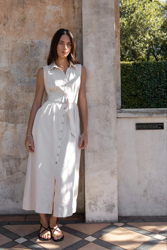 AMONG THE BRAVE Crescent Denim Dress Ecru