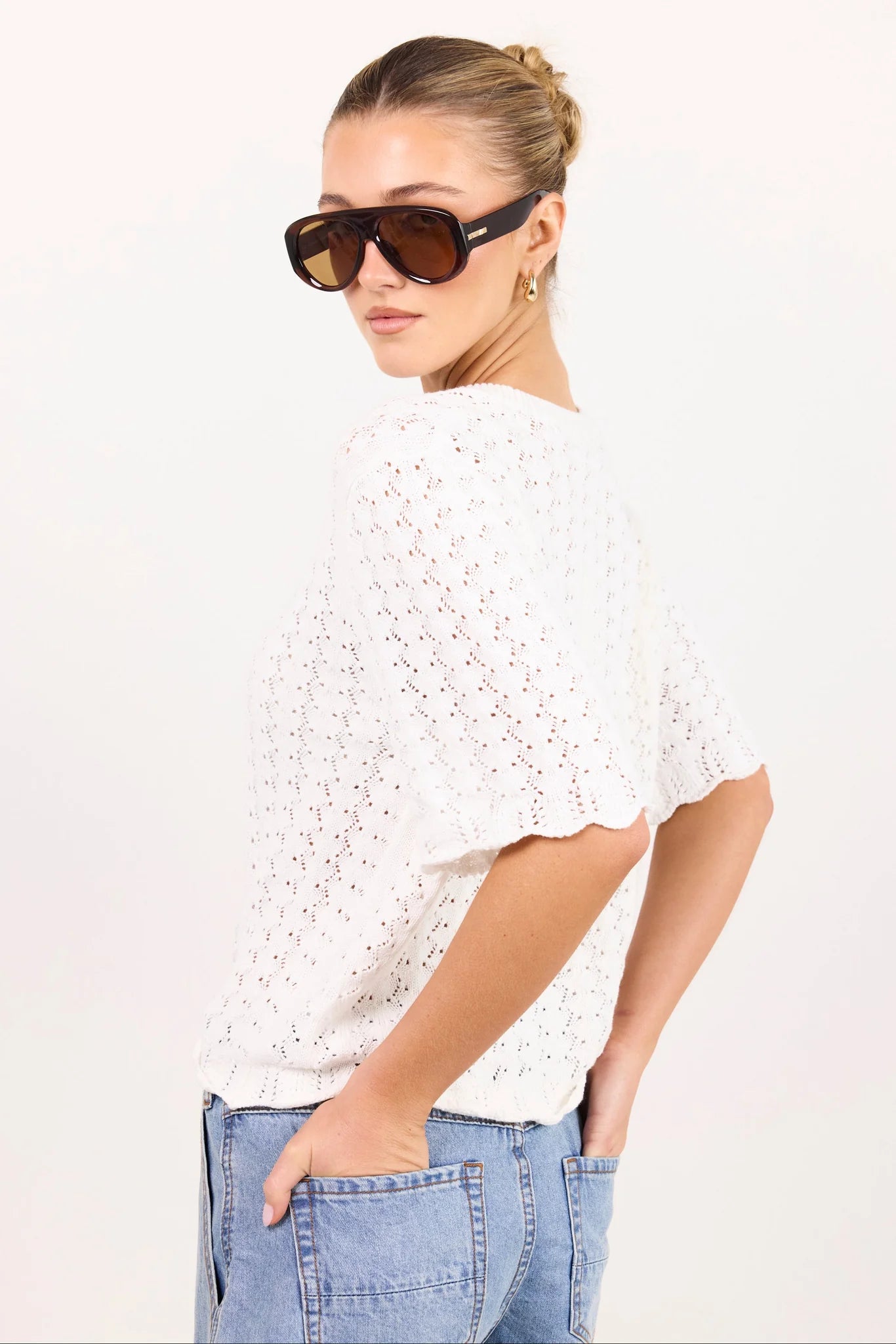 IVY + JACK Ivory Pointelle Crochet Knit Tee