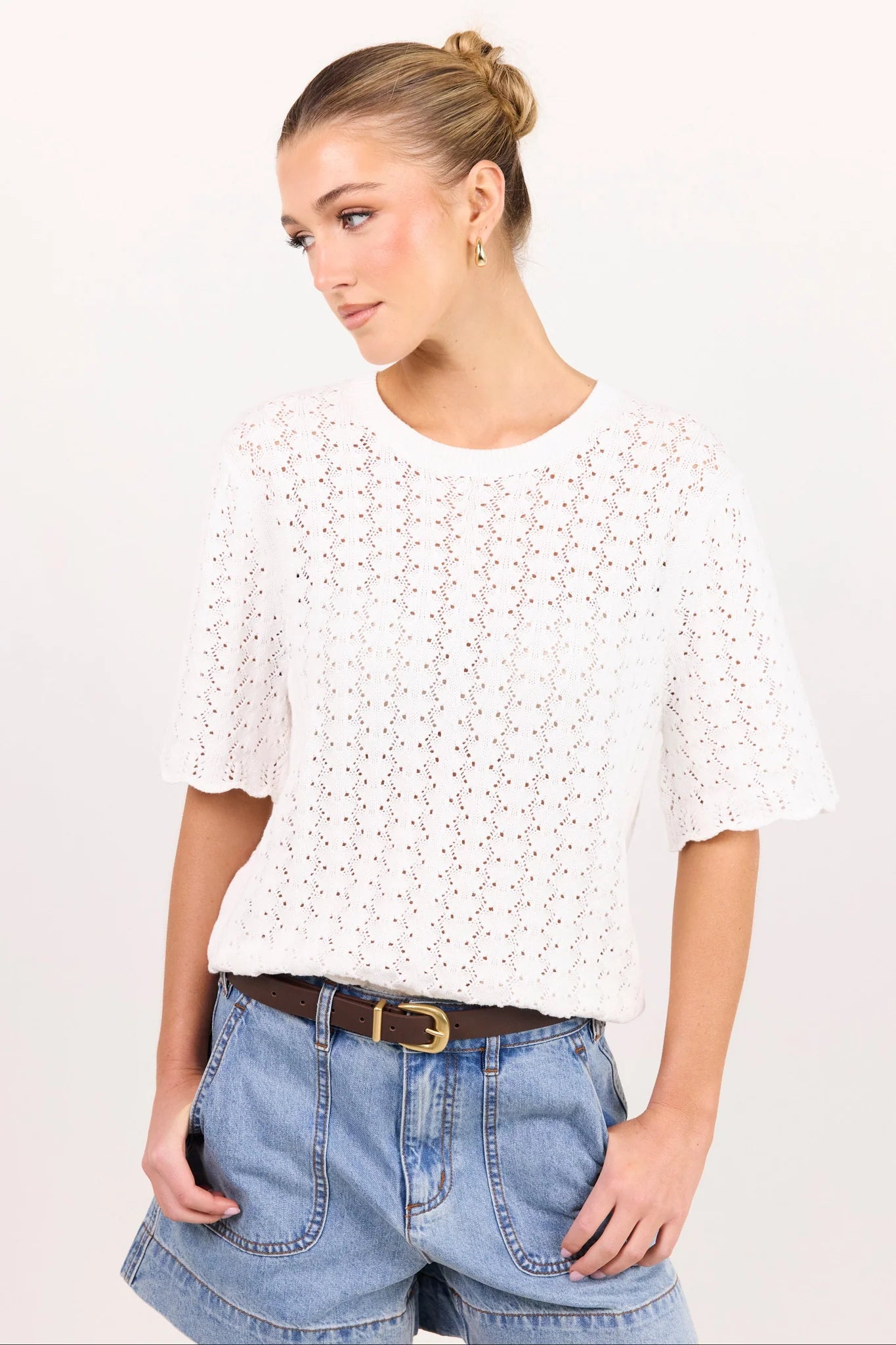 IVY + JACK Ivory Pointelle Crochet Knit Tee