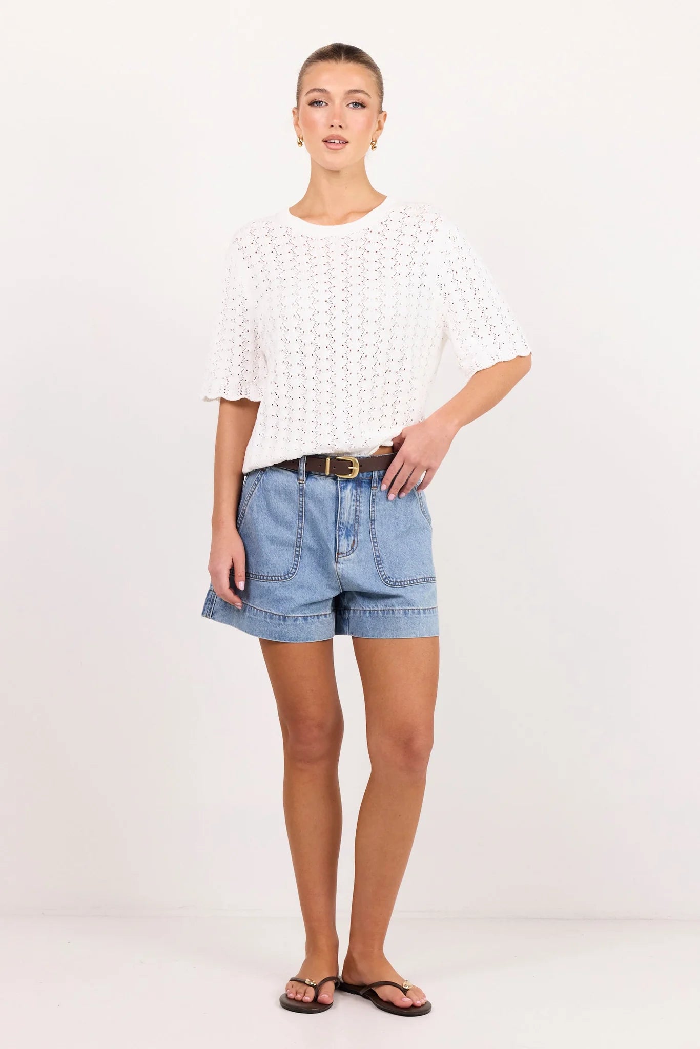IVY + JACK Ivory Pointelle Crochet Knit Tee