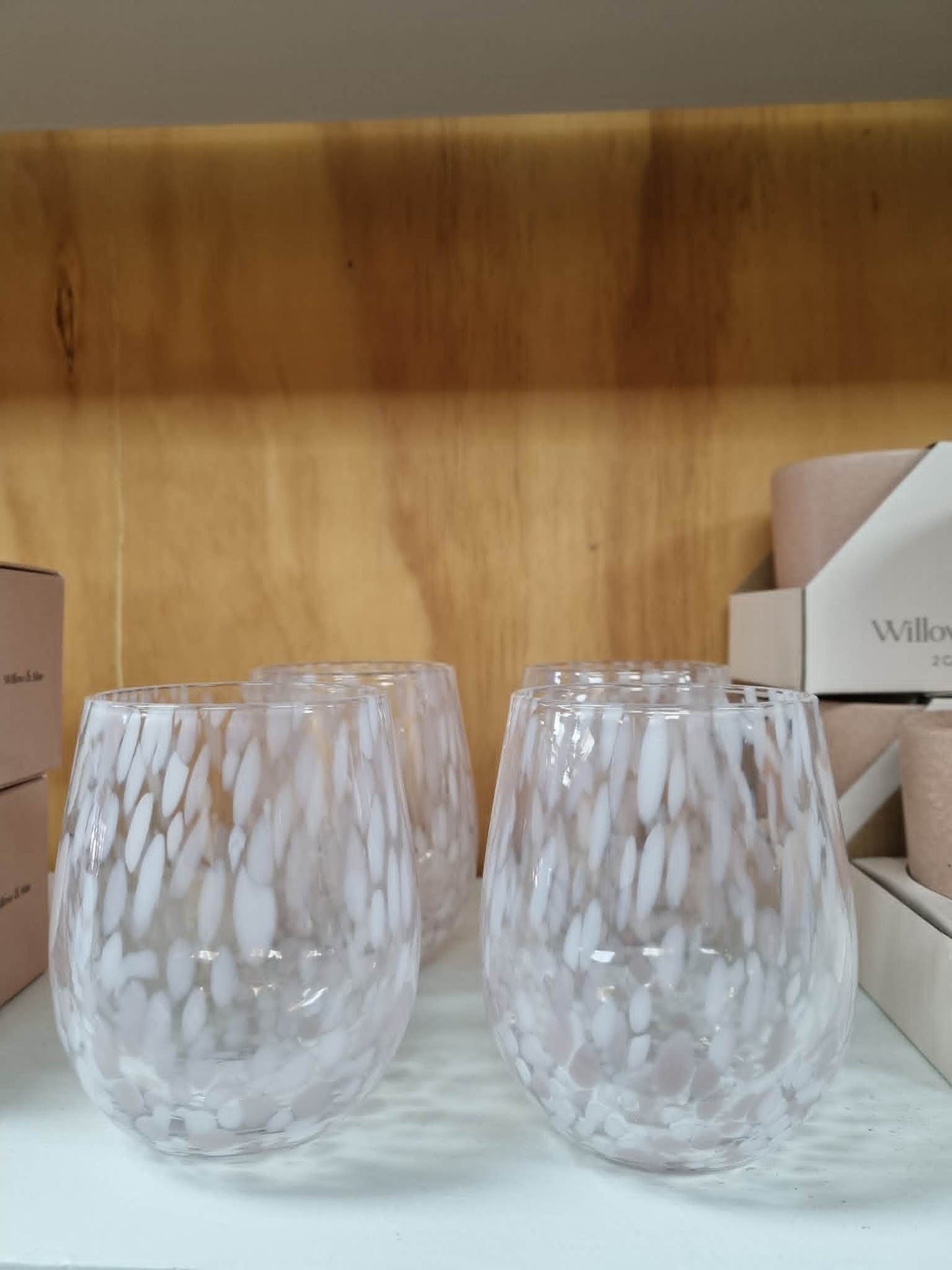 WILLOW + MAE Stemless Pink White Splatter Wine Glass