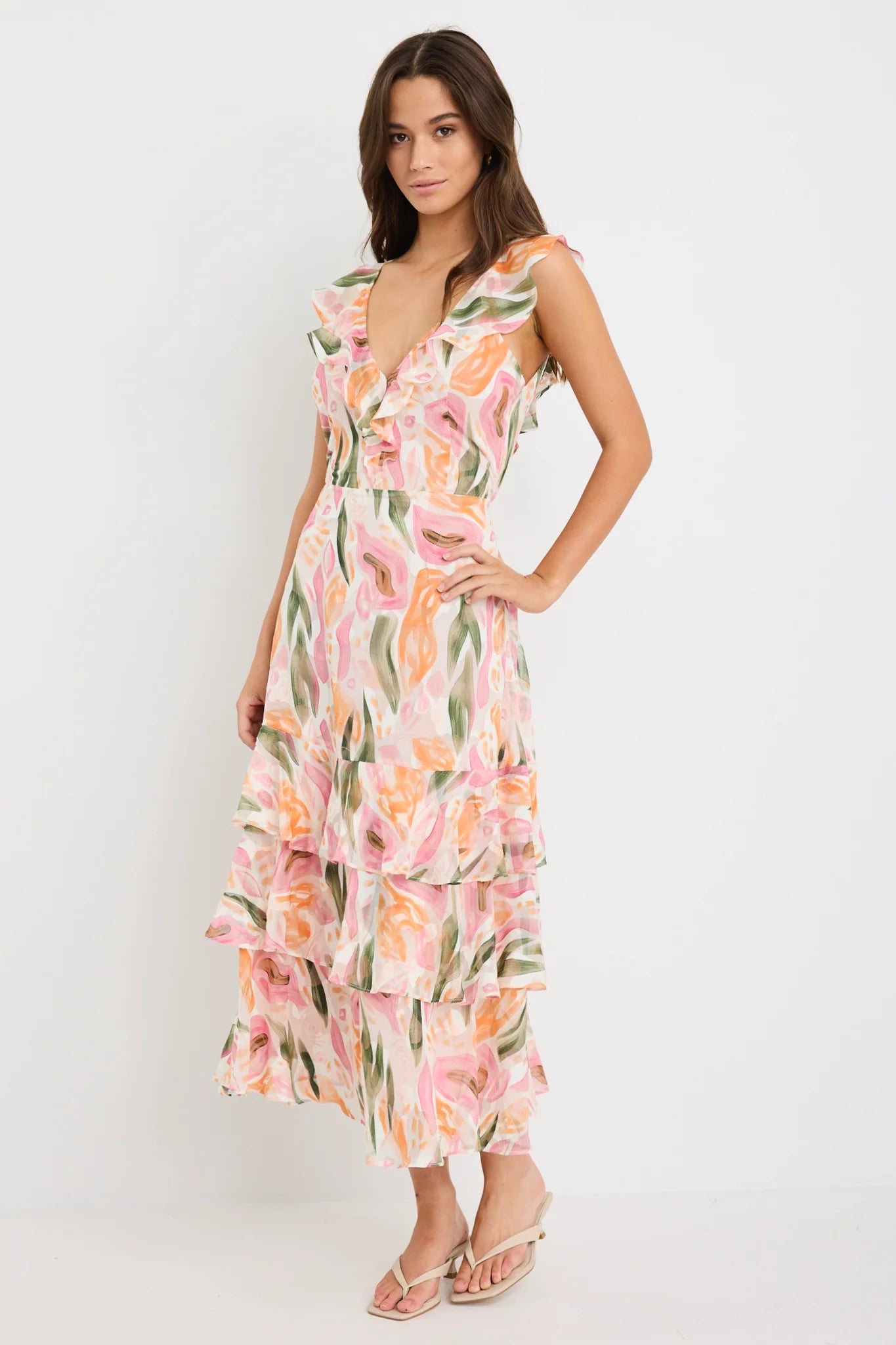 BY ROSA Everly Pink Abstract Print Flutter Sleeve Dress