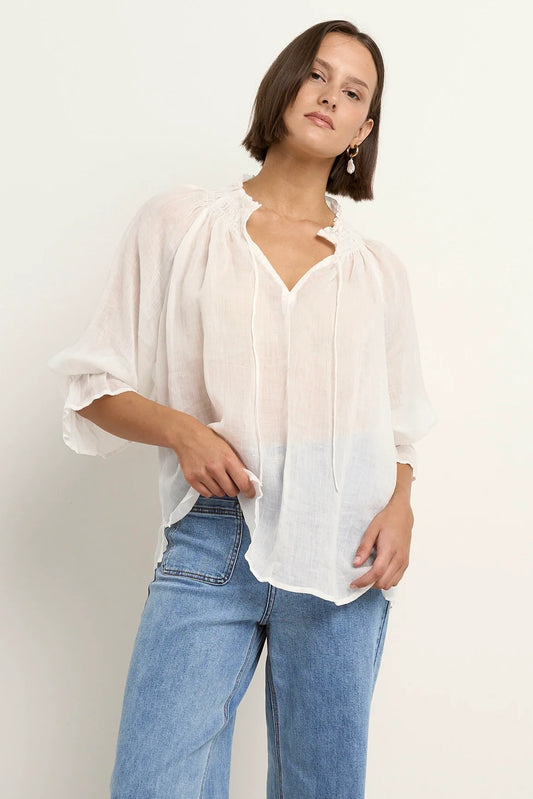 AMONG THE BRAVE Expedition Ramie Shirred Neck Top Ivory