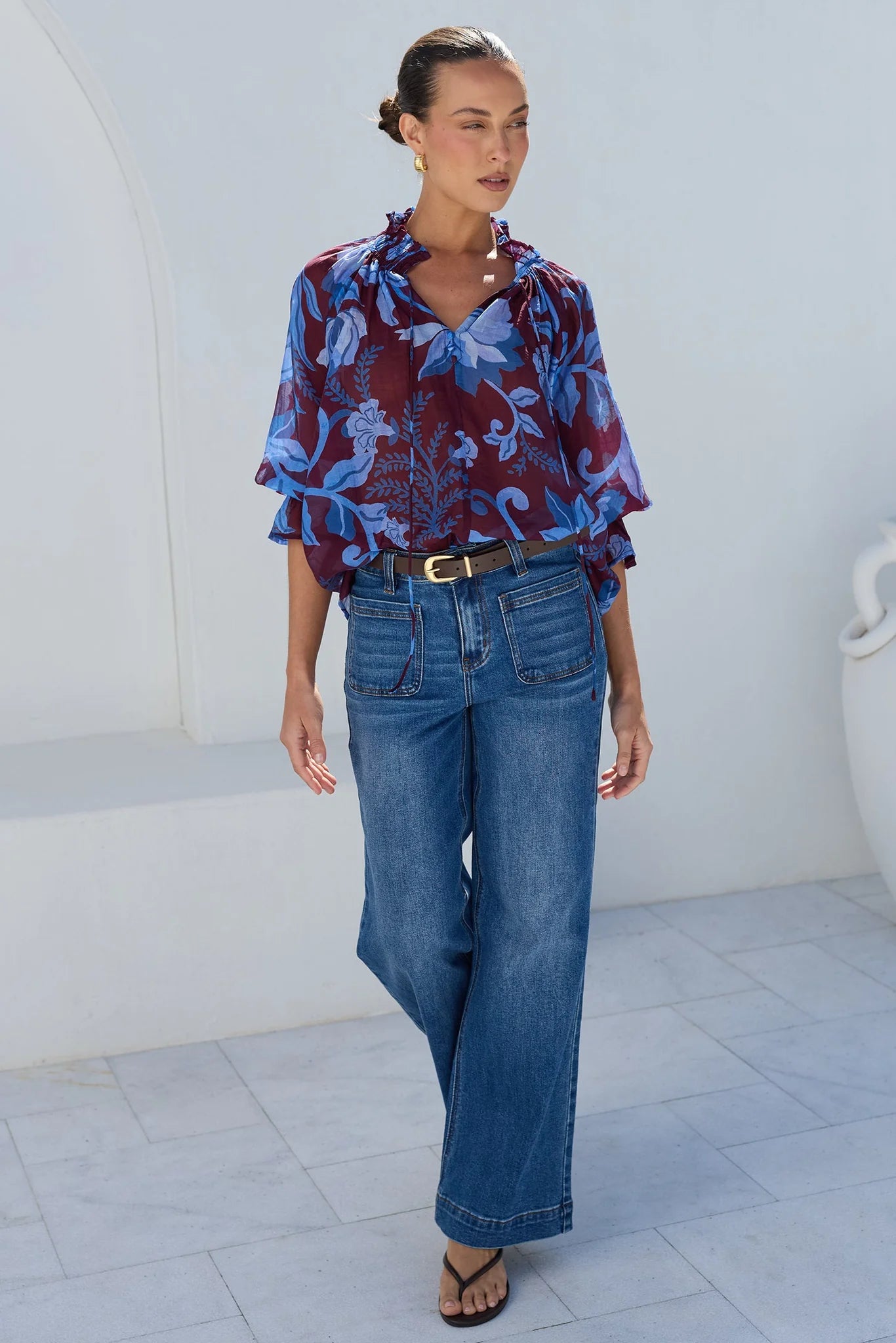 AMONG THE BRAVE Expedition Burgundy Blue Floral Top