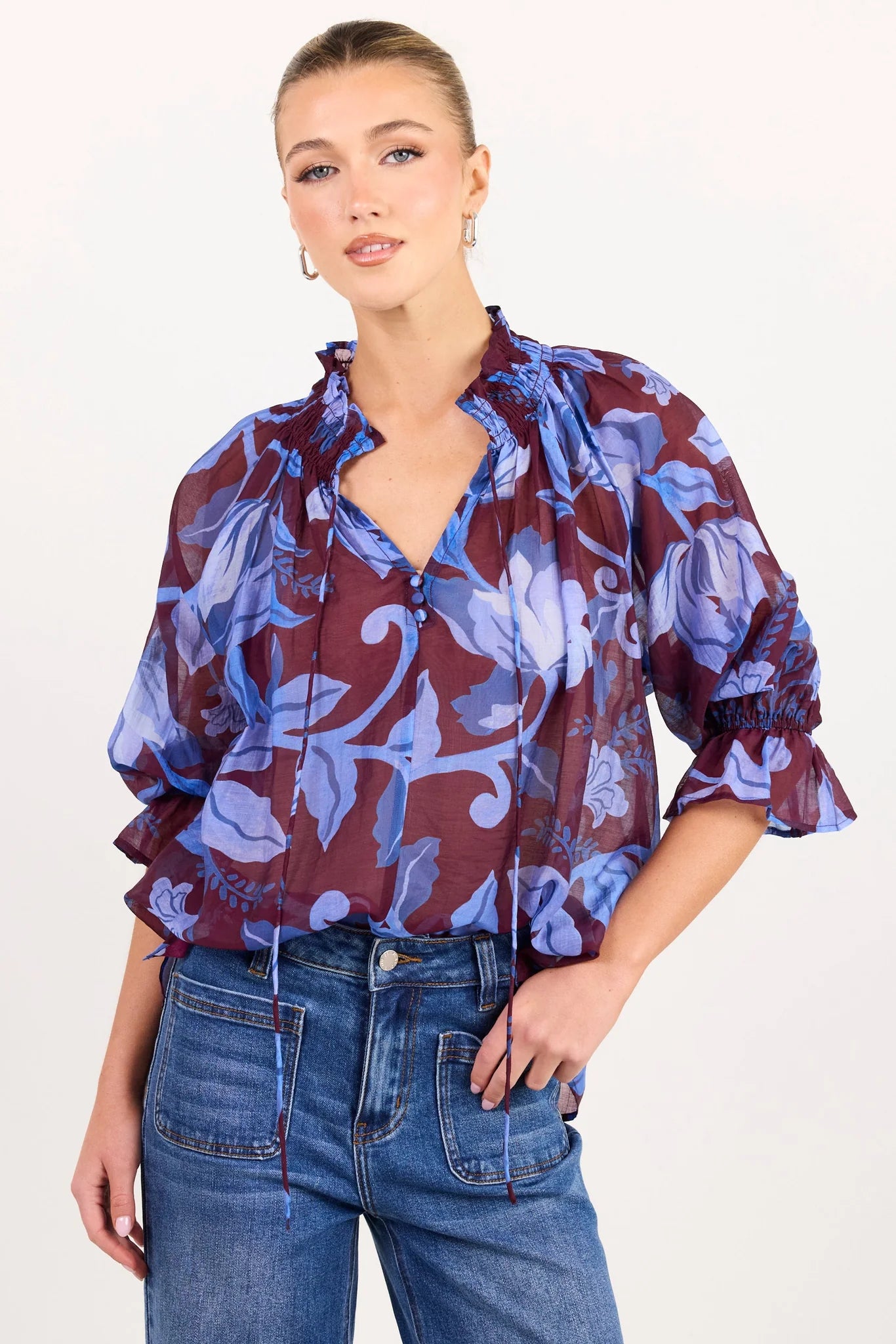 AMONG THE BRAVE Expedition Burgundy Blue Floral Top