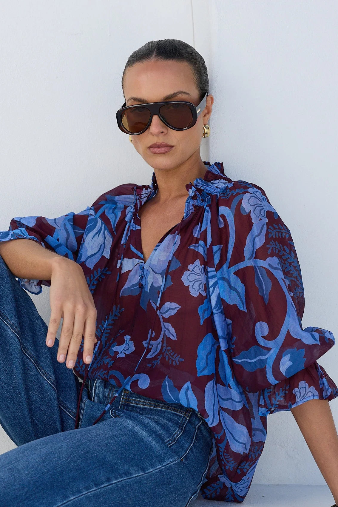 AMONG THE BRAVE Expedition Burgundy Blue Floral Top