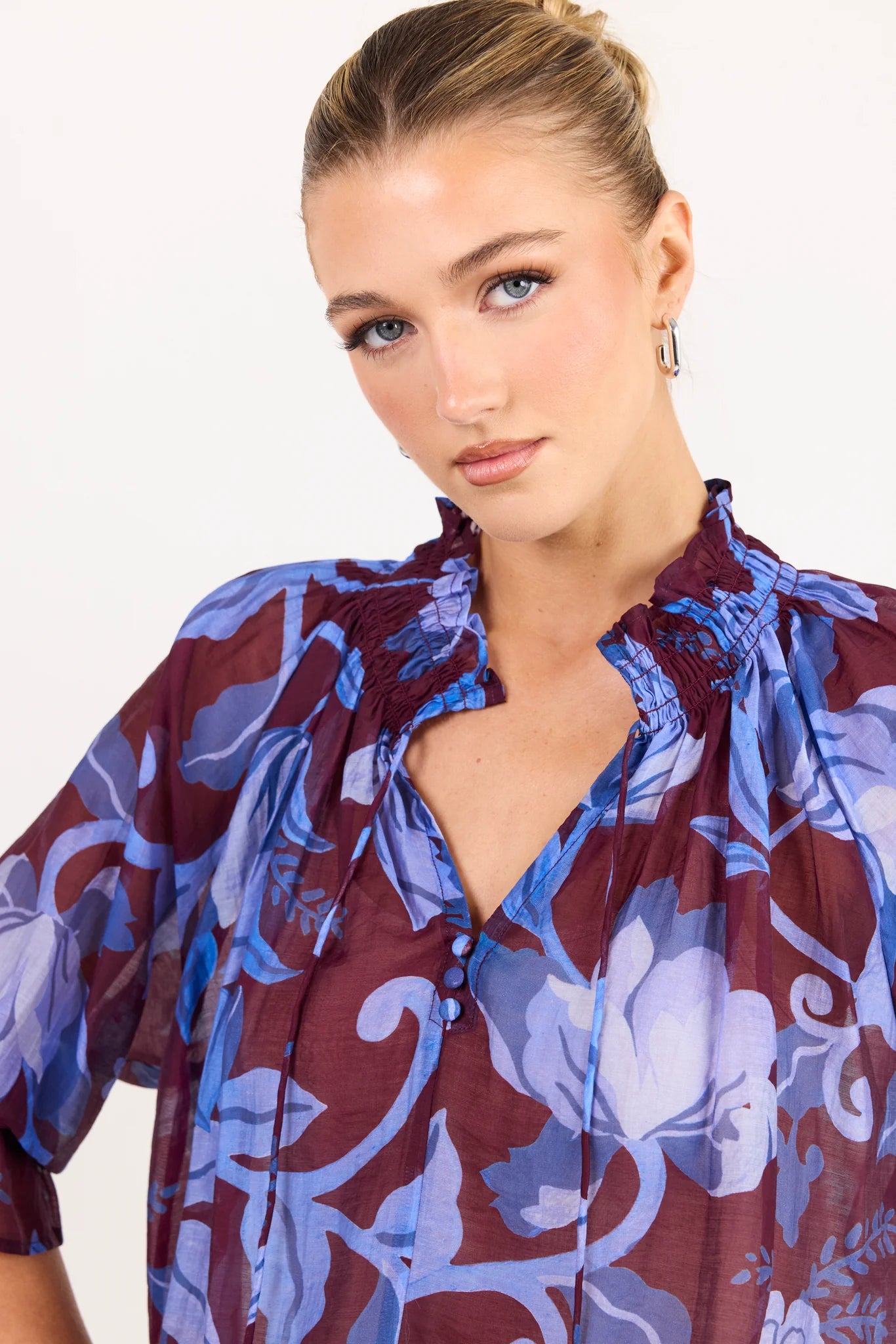 AMONG THE BRAVE Expedition Burgundy Blue Floral Top