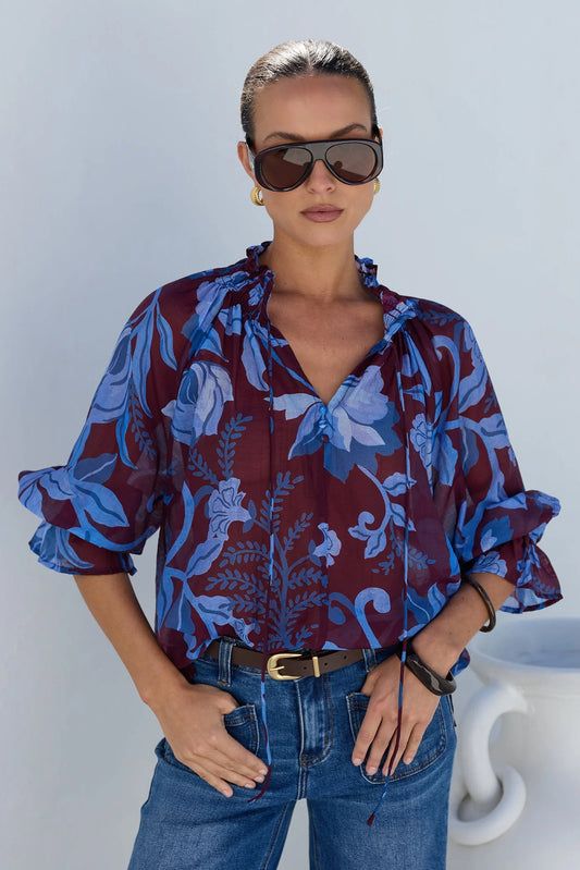 AMONG THE BRAVE Expedition Burgundy Blue Floral Top