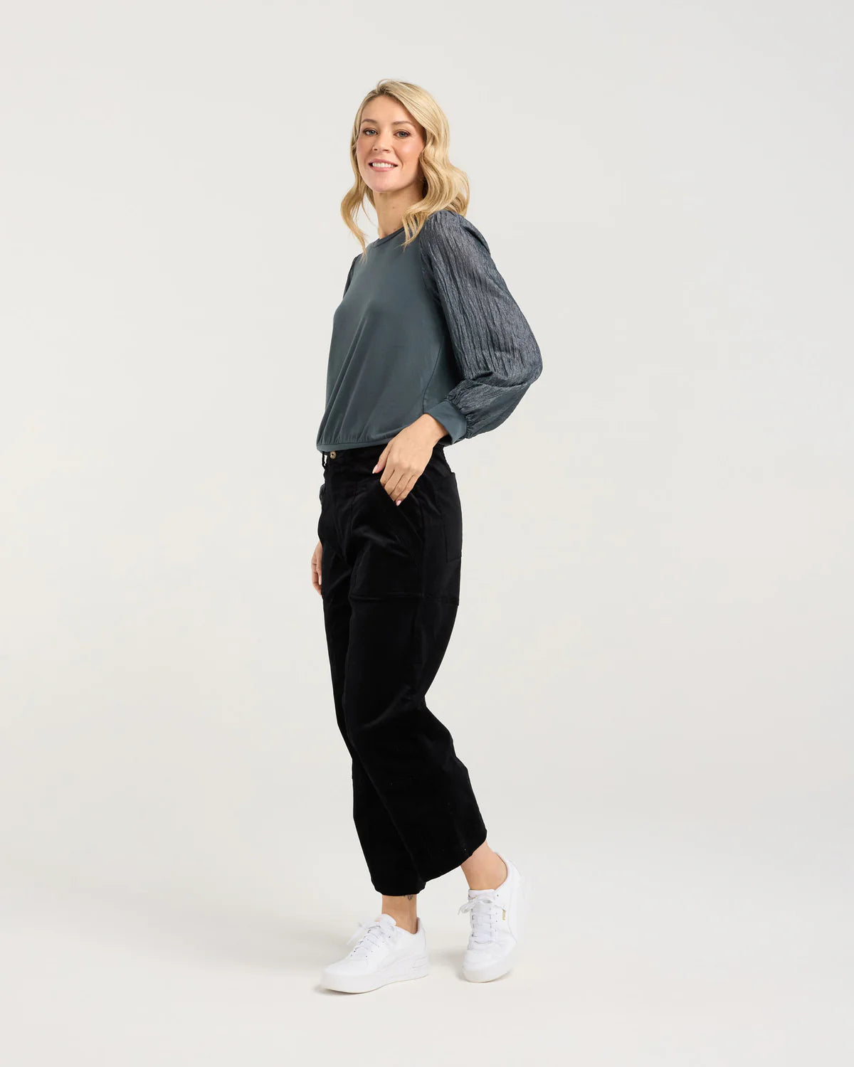 BLACKSTONE Hudson Crinkle Sleeve Top Pine Green
