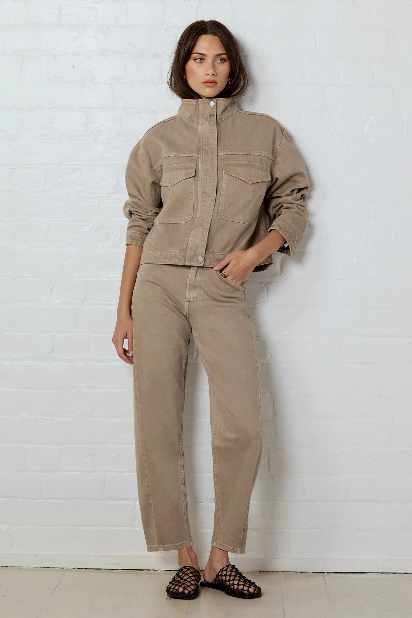 STORIES BE TOLD Idolise Taupe Stretch Soft Barrel Jeans