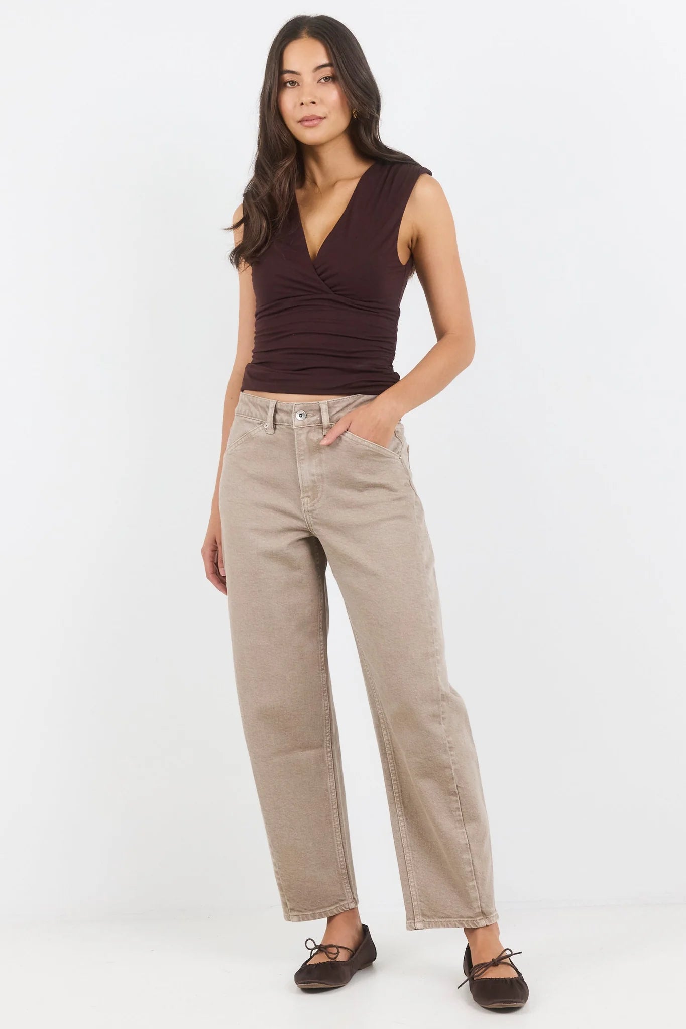 STORIES BE TOLD Idolise Taupe Stretch Soft Barrel Jeans