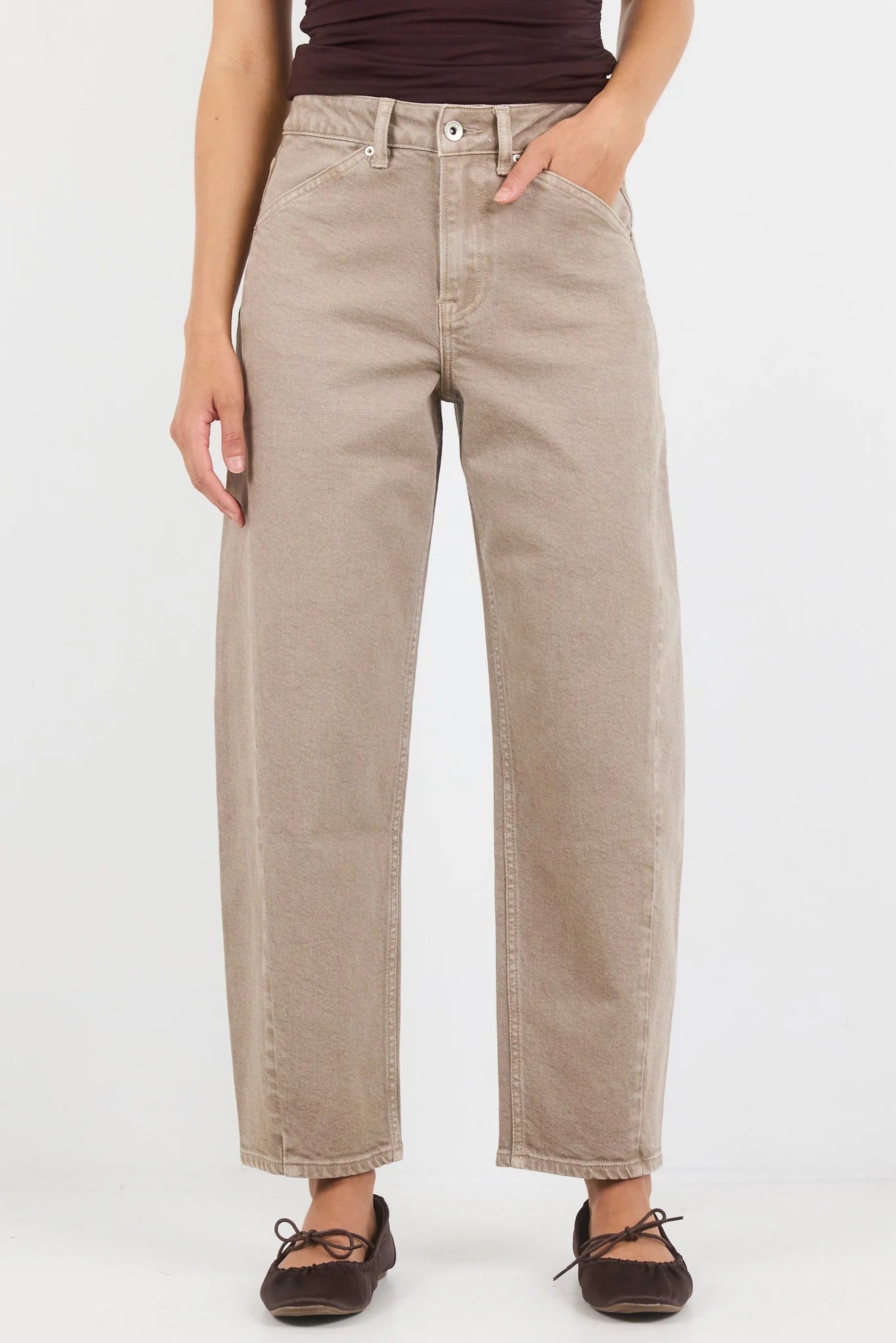 STORIES BE TOLD Idolise Taupe Stretch Soft Barrel Jeans