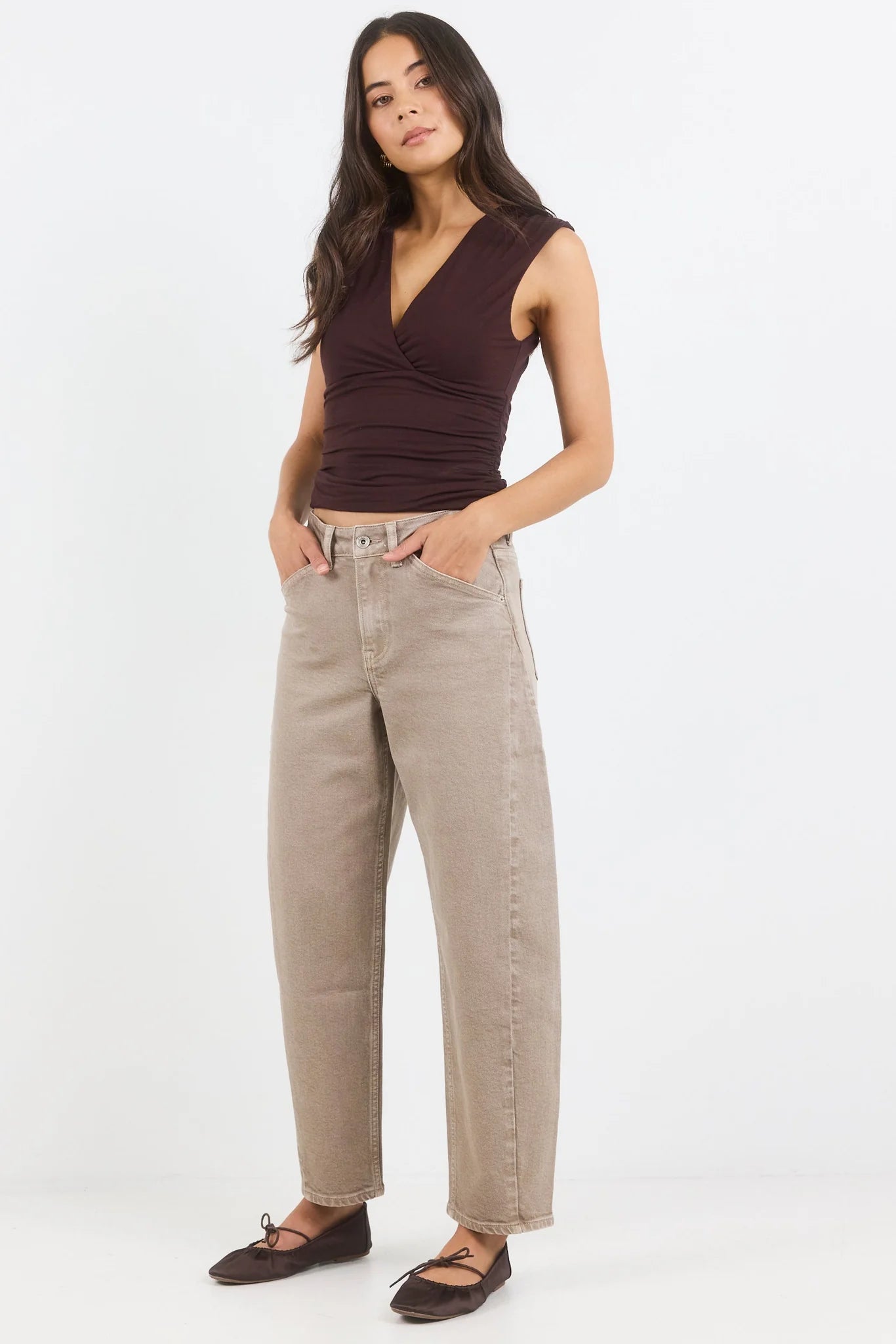 STORIES BE TOLD Idolise Taupe Stretch Soft Barrel Jeans