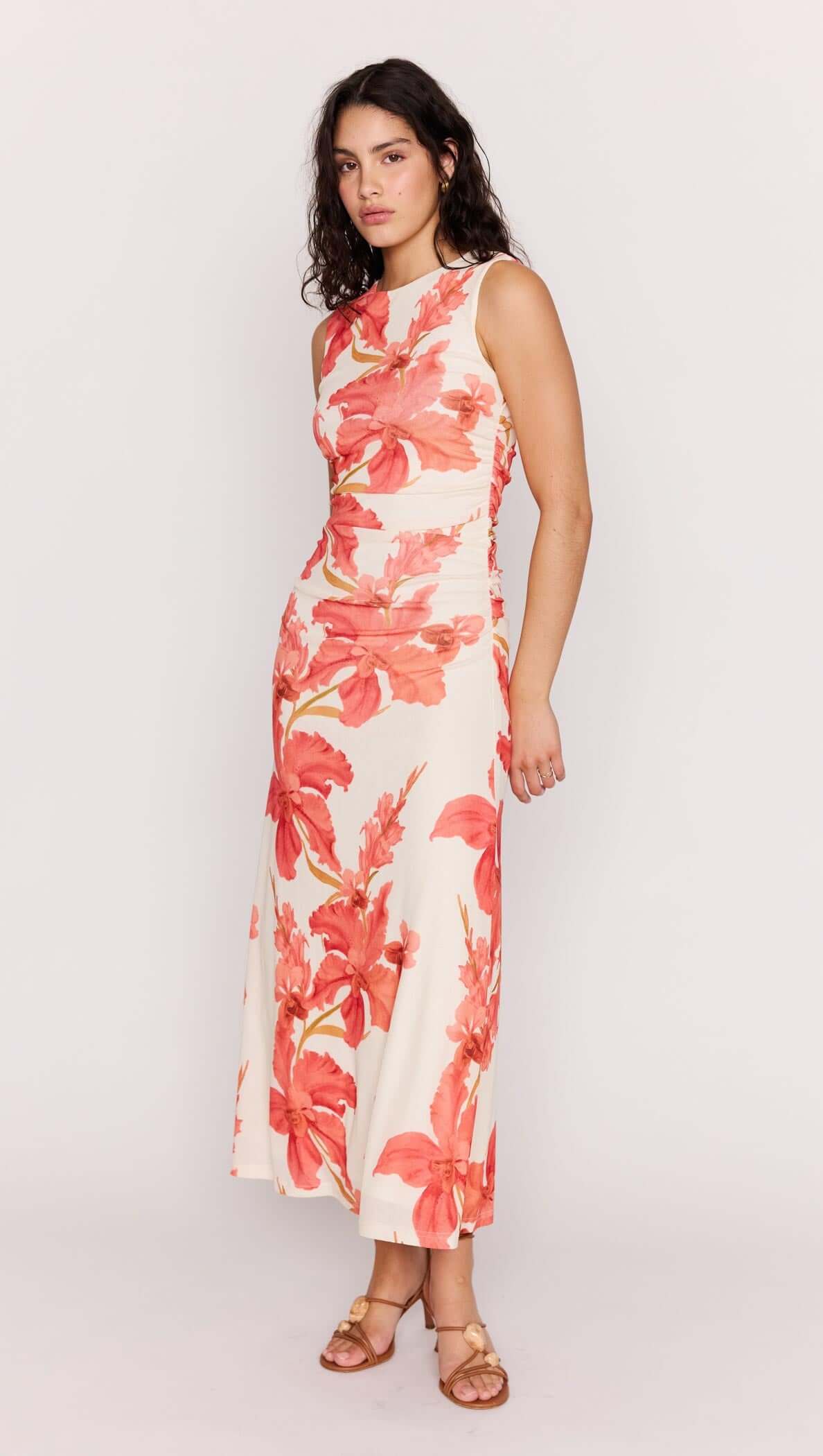MINK PINK Isla Peach Hibiscus Mesh Midi Dress