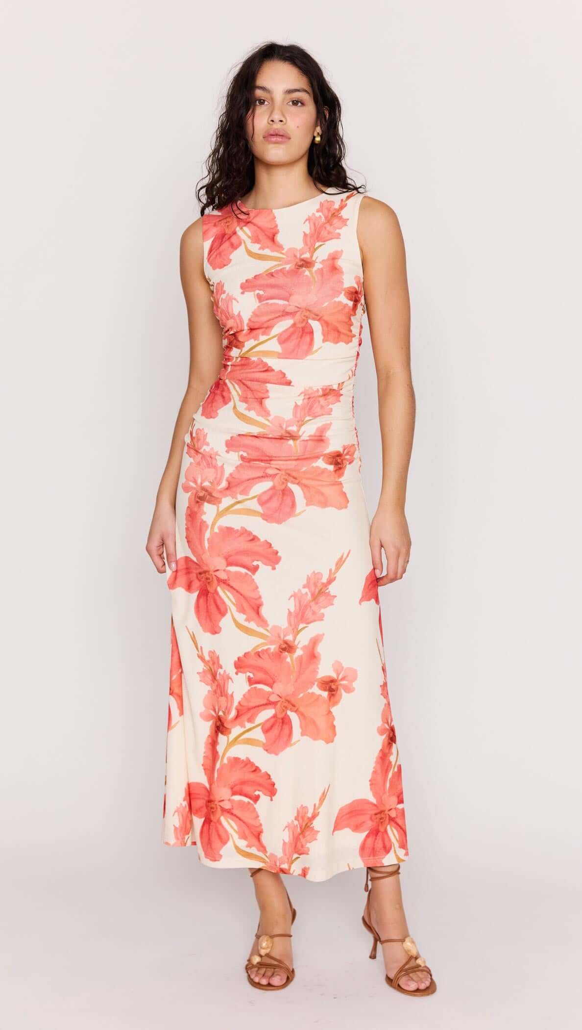 MINK PINK Isla Peach Hibiscus Mesh Midi Dress